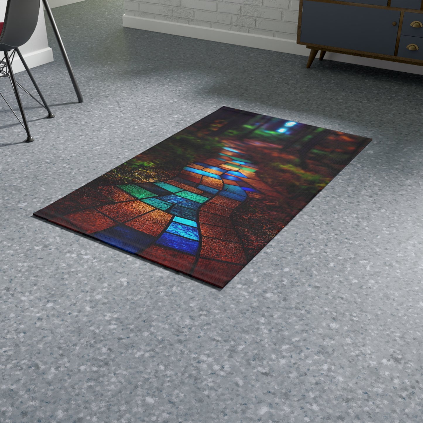 a path paved with stained glass winding through the forest. The path is made of beautiful brightly colored blue green red bronze luminous glass, high quality photograph - Dobby Rug