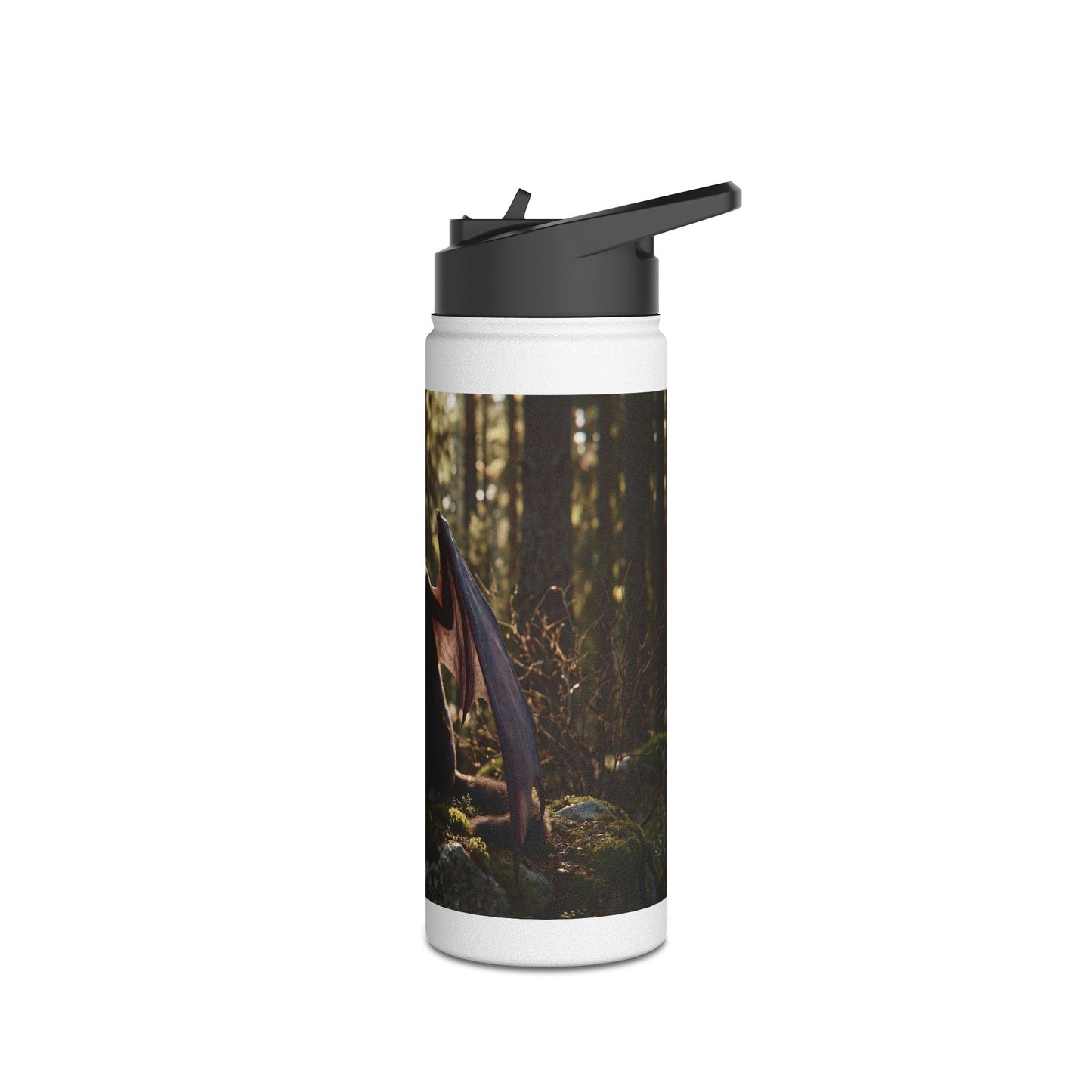 Winged Wolf in Sunlit Grove Stainless Steel Water Bottle, Standard Lid – Guardian of the Mossy Pines