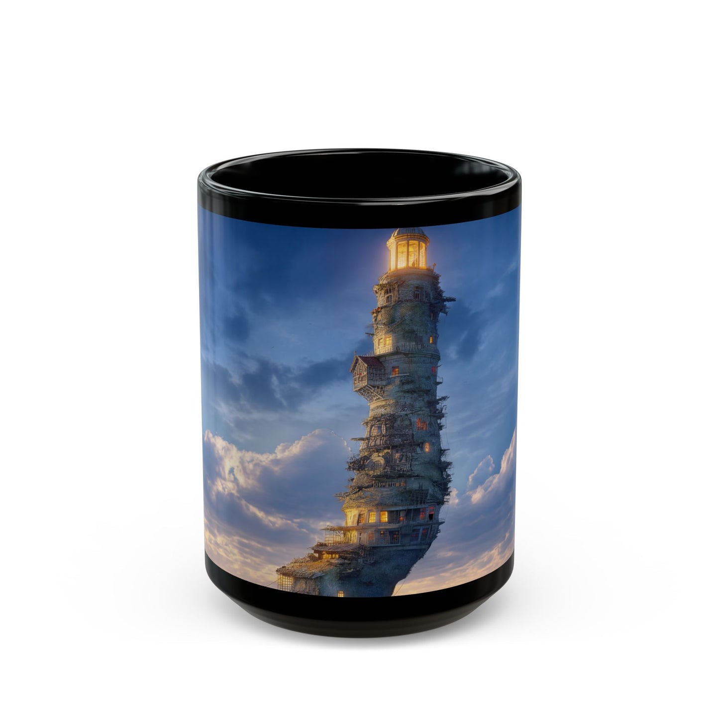 Skyborne Lighthouse Black Mug – Twilight Beacon Over Endless Sea