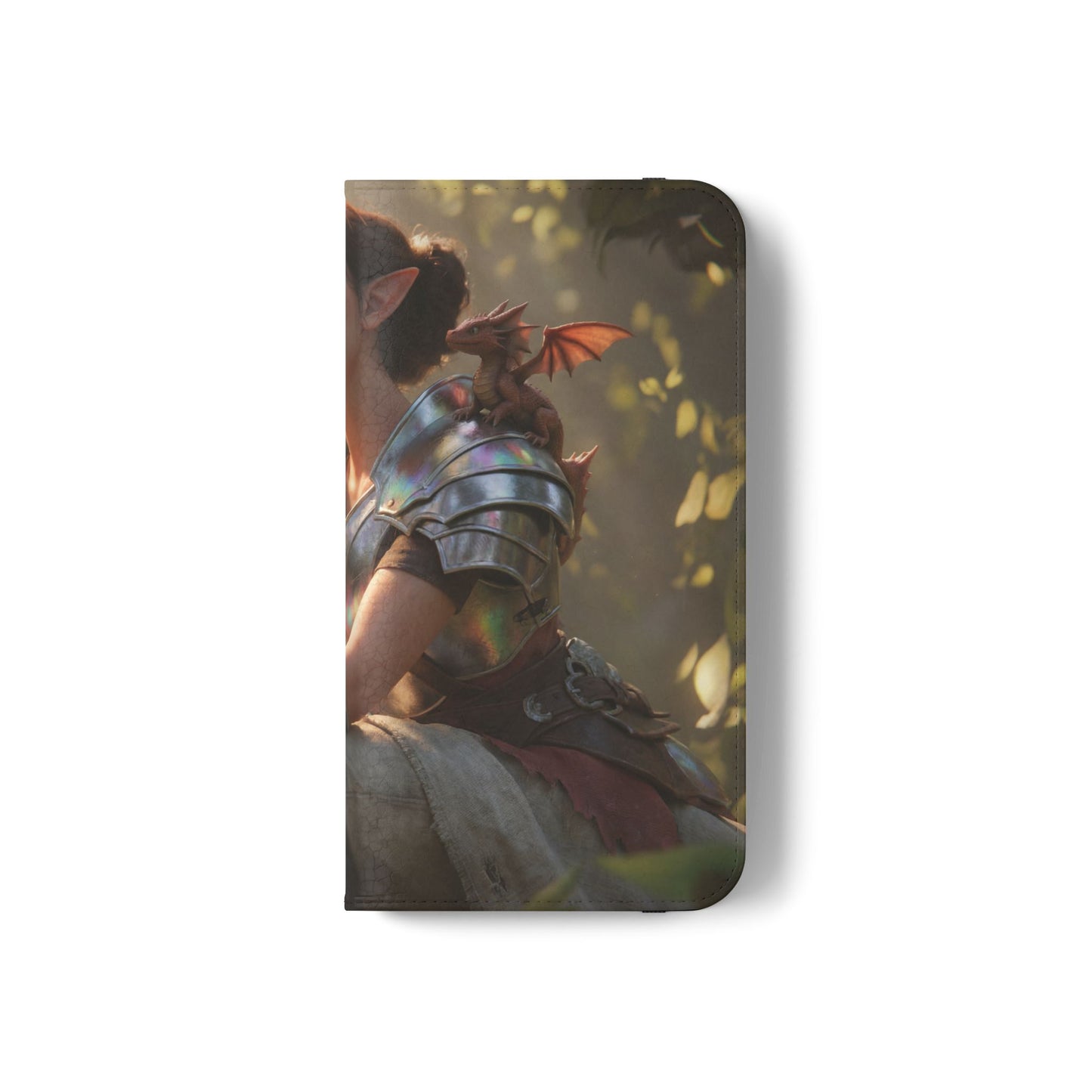 Elven Knight with Dragon Flip Cases – Iridescent Armor & Tiny Guardian Portrait