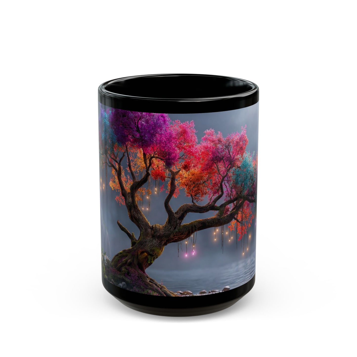 Chromatic Dream Tree Black Mug – Midnight Bloom & Lantern Glow