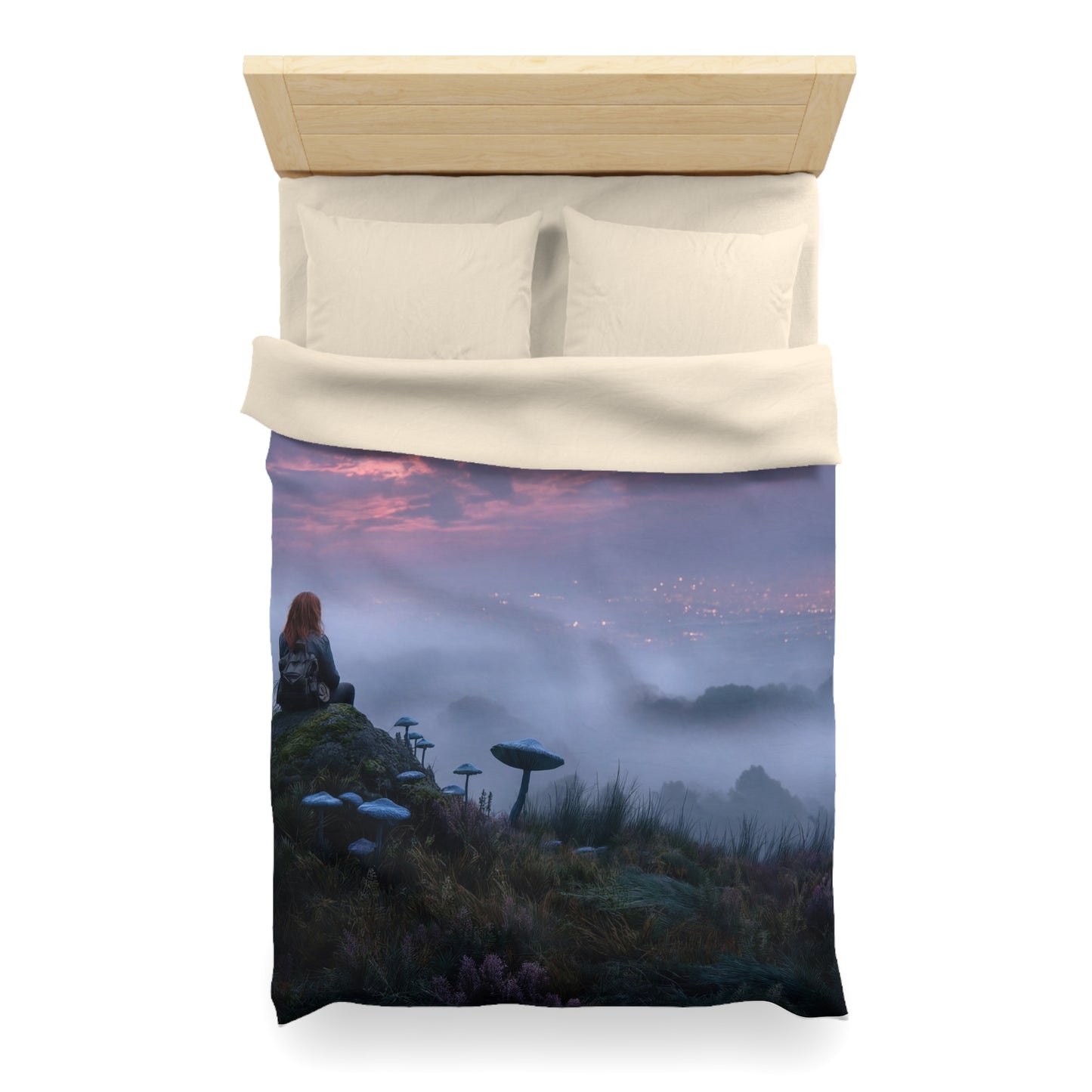 Moonlit Wanderer Microfiber Duvet Cover – Twilight Vista with Bioluminescent Fungi