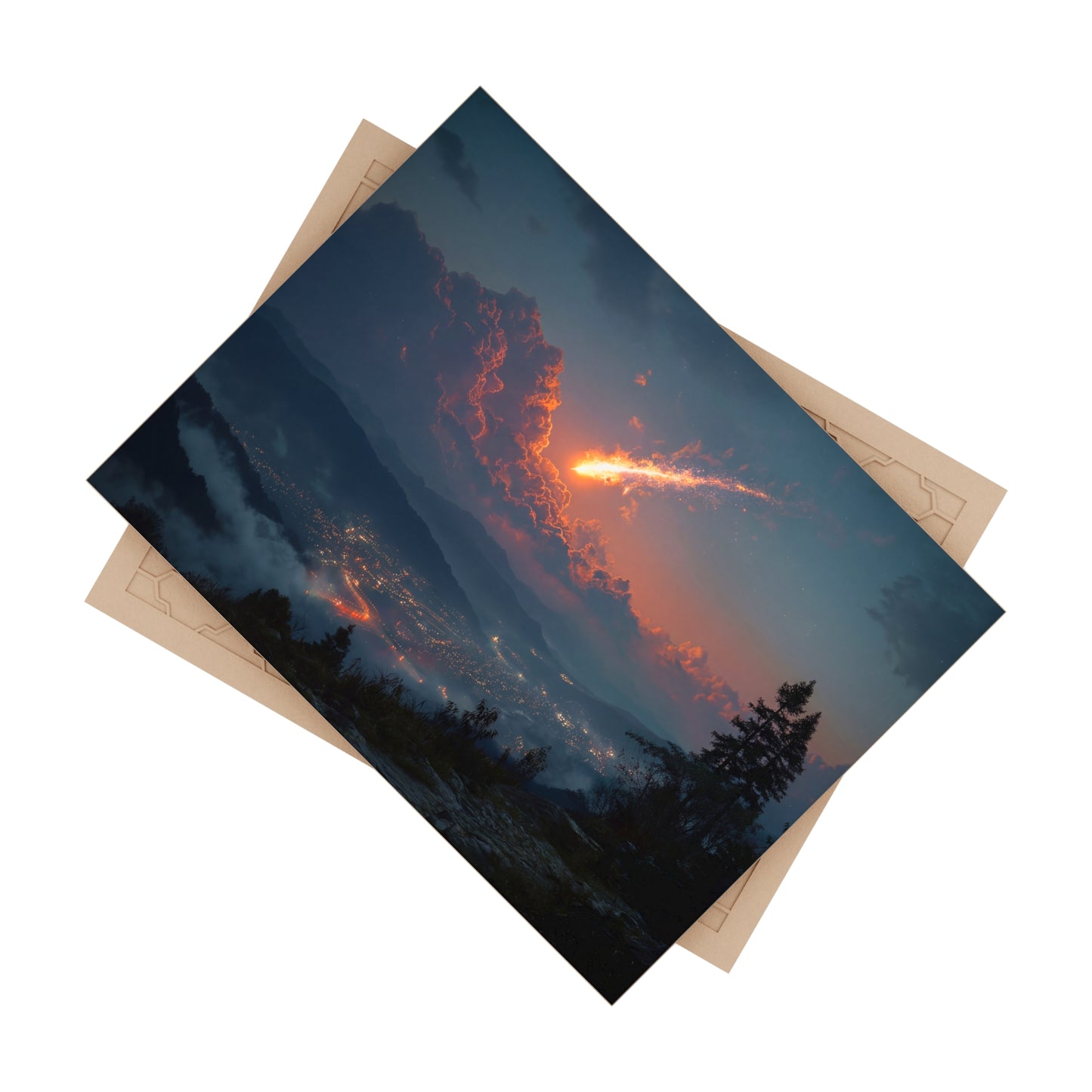 Celestial Fireball Ceramic Photo Tile – Dawn’s Meteor Over Mountain Vale