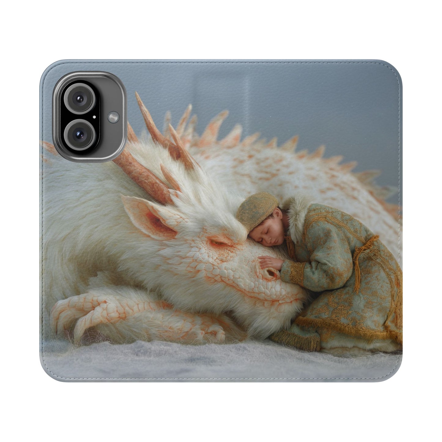 Sleeping Child and Dragon Flip Cases – Snowy Guardian Embrace