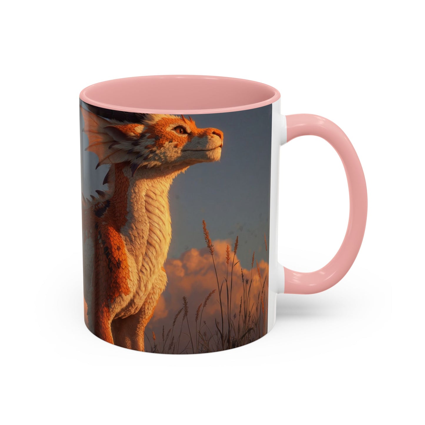 Sunset Dragon Accent Coffee Mug (11, 15oz) – Warm Ember Guardian in Golden Grasses