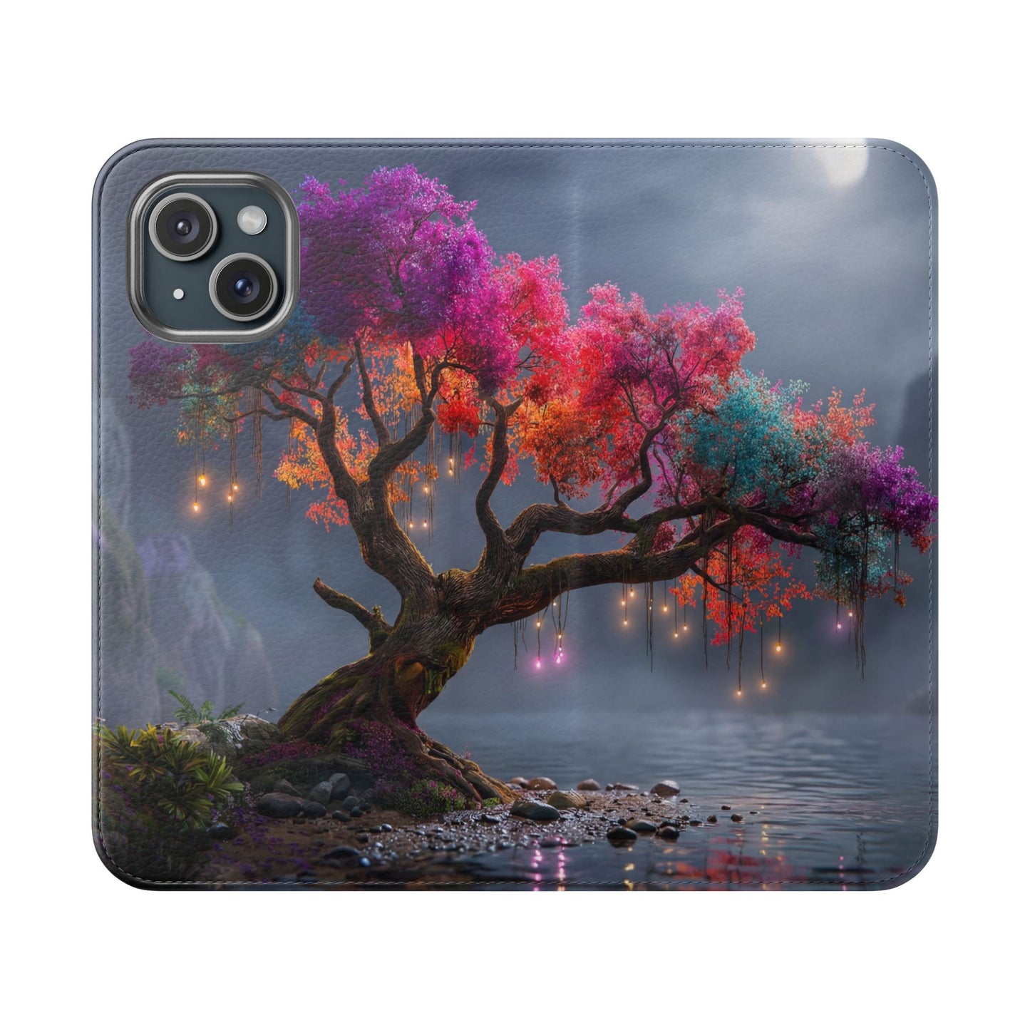 Chromatic Canopy Flip Cases – Rainbow Tree Moonlit Waterfall Scene