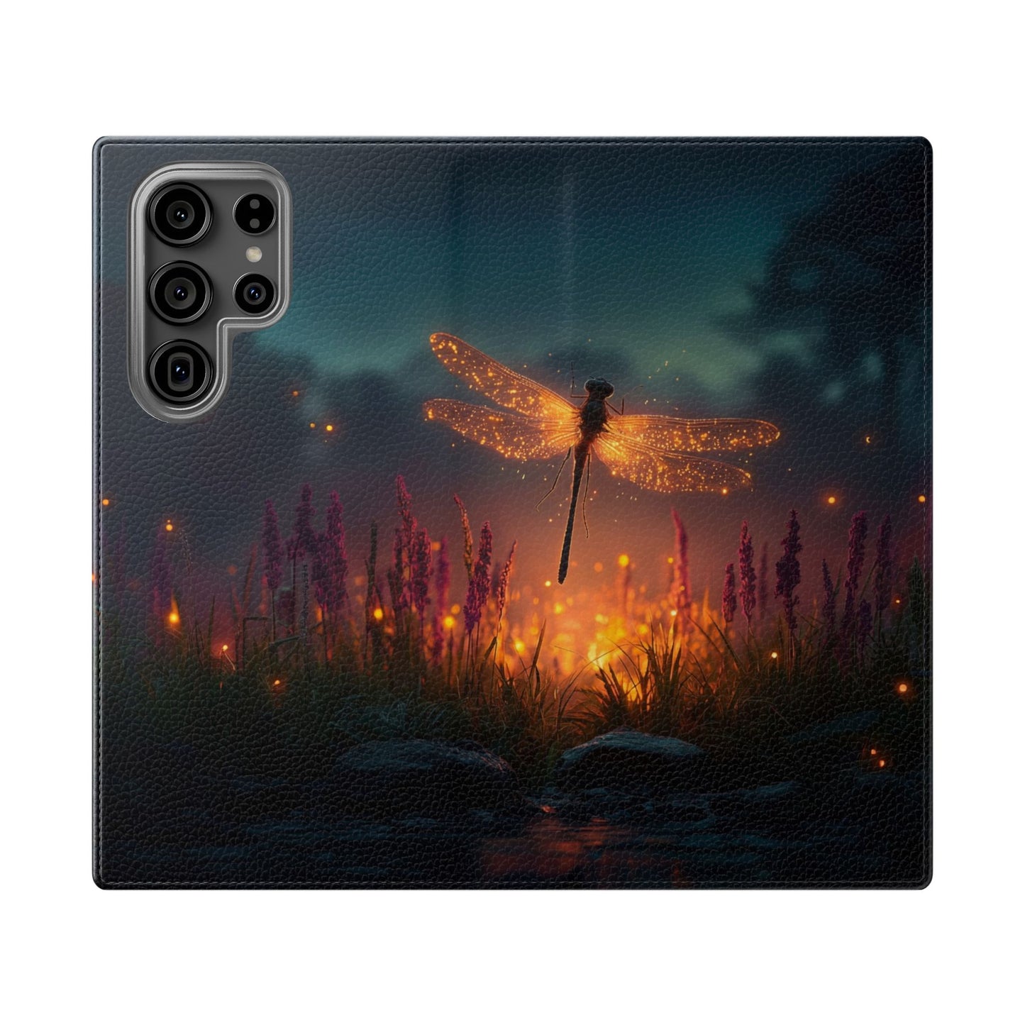 Bioluminescent Dragonfly Flip Cases – Glowing Amber Wings Over Twilight Marsh