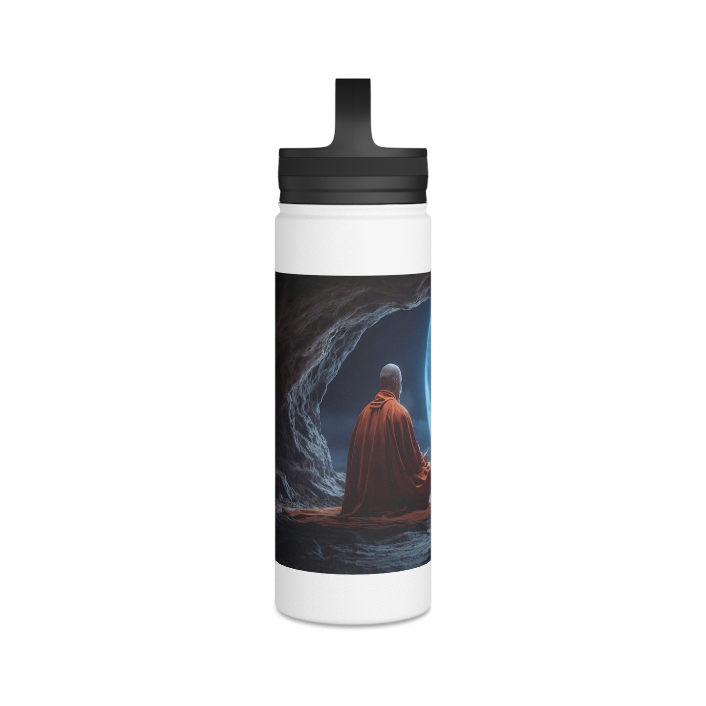 Moonlit Meditation Monk Stainless Steel Water Bottle, Handle Lid – Silent Stillness Under Celestial Glow
