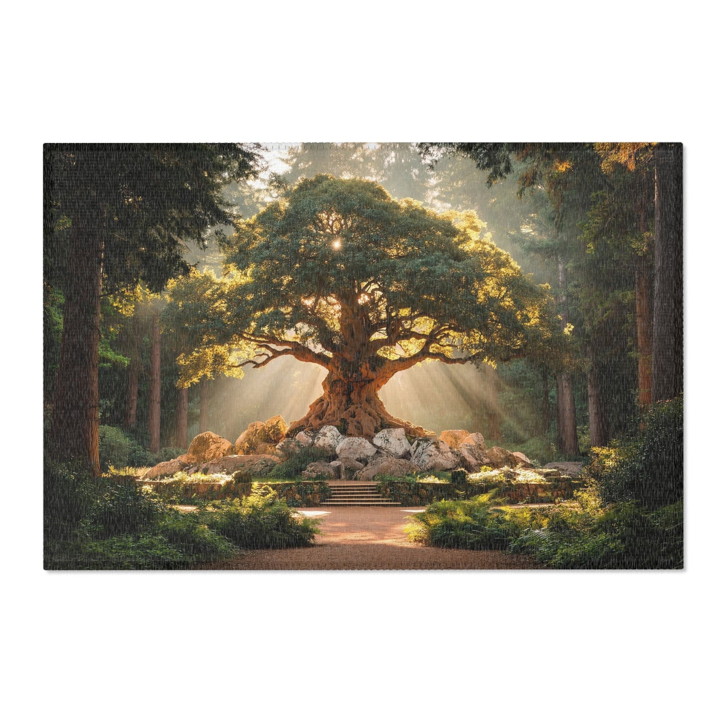 Ancient Wisdom Tree Area Rug – Sunbeam Sanctuary Through Mossy Roots