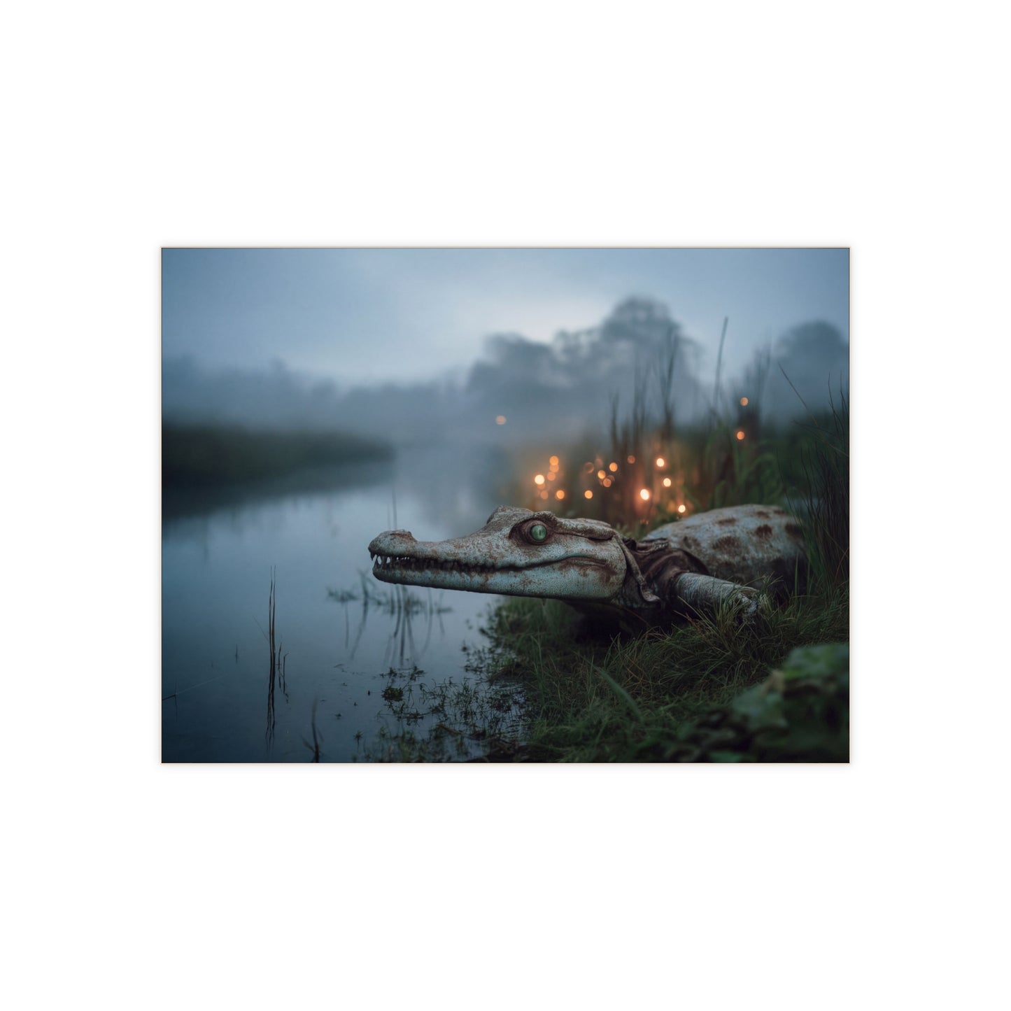 Misty River Crocodile Ceramic Photo Tile – Watchful Eye in Twilight