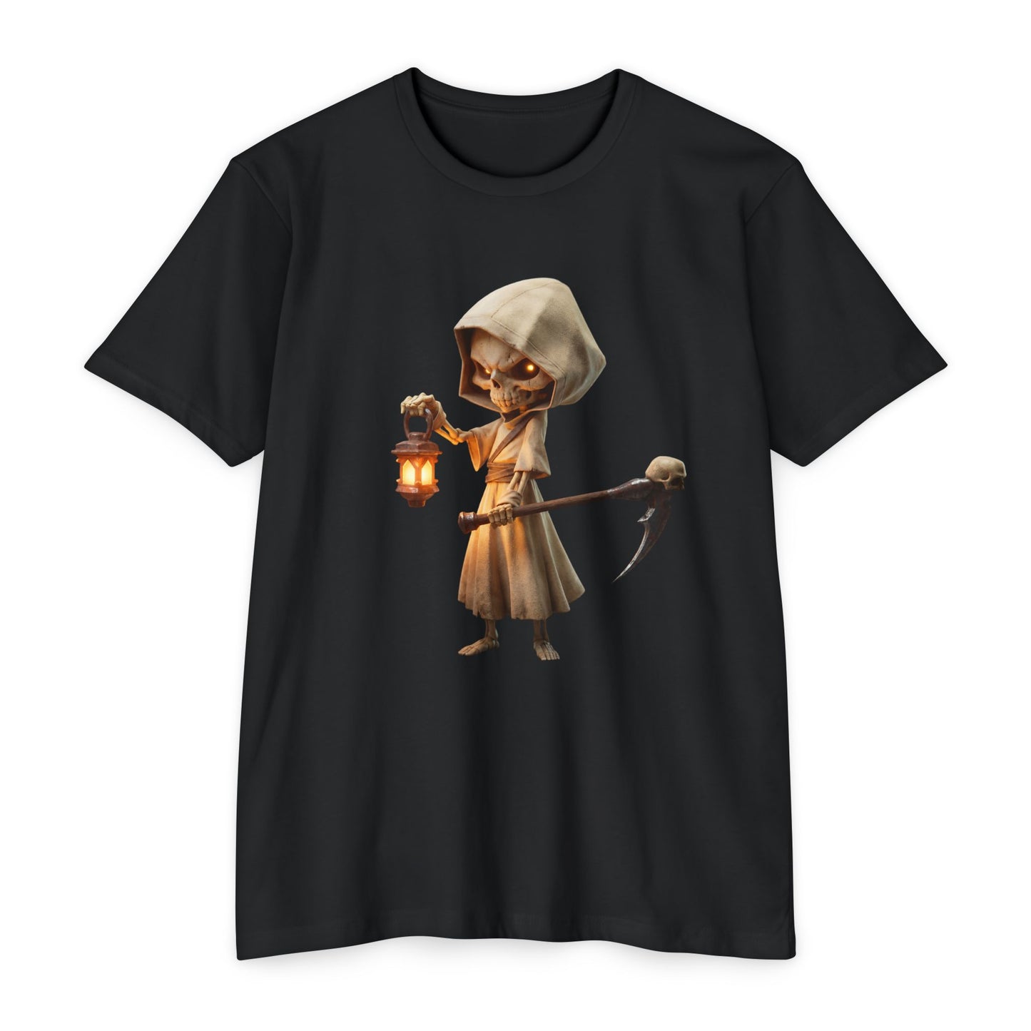 Lantern-Bearing Grim Reaper T-shirt – Hooded Sentinel with Scythe