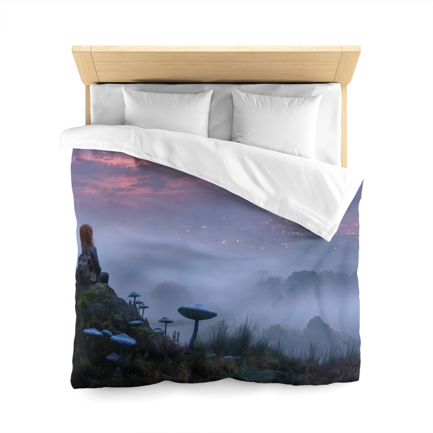 Moonlit Wanderer Microfiber Duvet Cover – Twilight Vista with Bioluminescent Fungi