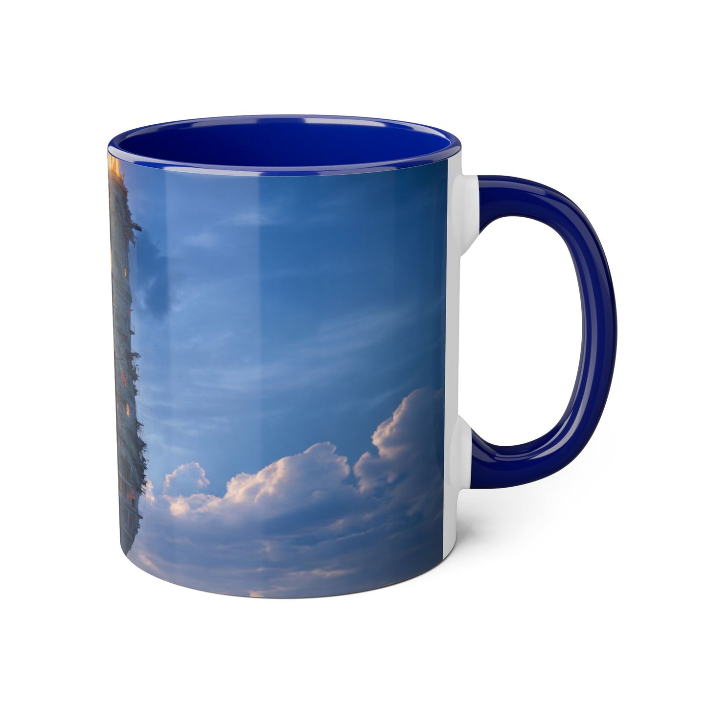 Towering Lighthouse Accent Mugs, 11oz – Floating Beacon Over Twilight Sea