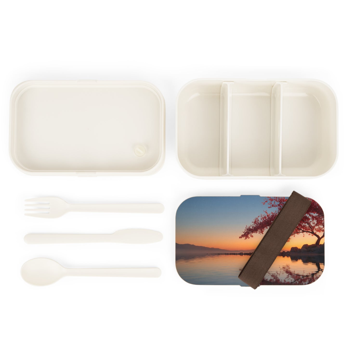 Crimson Cherry Blossom Bento Lunch Box – Twilight Reflections at Lake’s Edge
