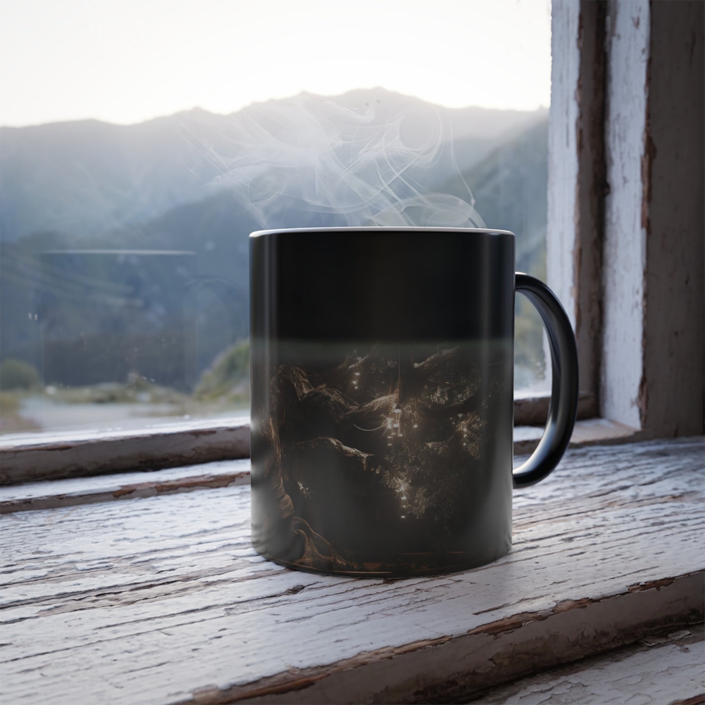 huge and ancient bonsai oak tree wrapped in string lights, dim lighting, super detailed, branches reaching out,  - Color Morphing Mug, 11oz