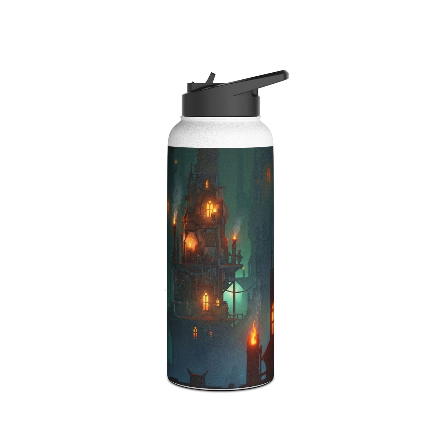 Floating City of Gilded Sparks Stainless Steel Water Bottle, Standard Lid – Neon Fog & Ember-Lit Towers