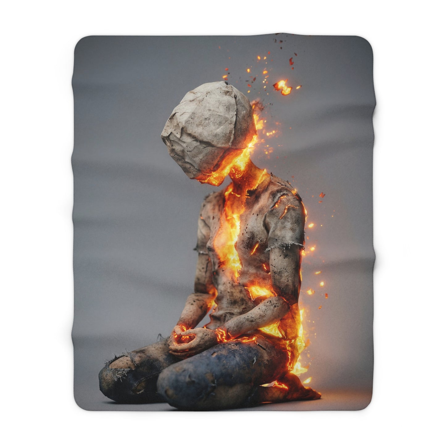 Ashen Sentinel Sherpa Fleece Blanket – Fiery Core Meditation Scene