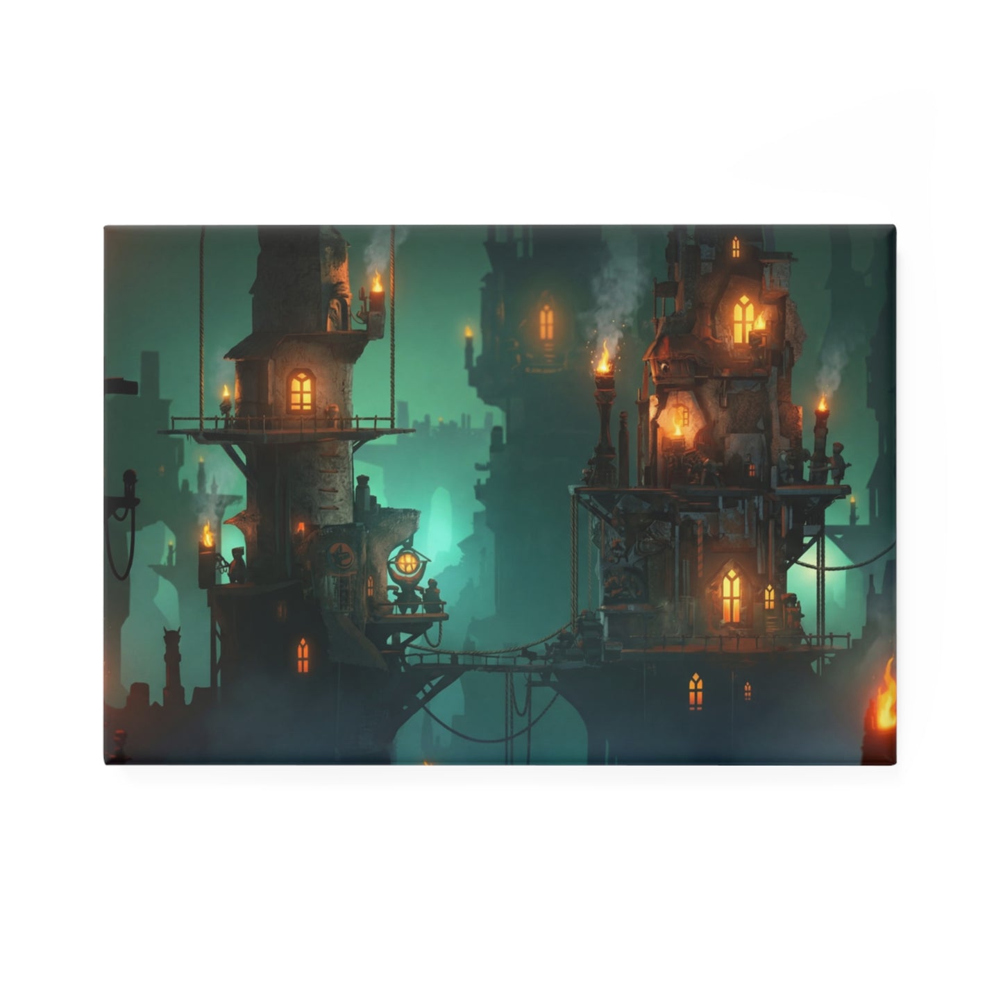 Floating City at Dusk Button Magnet, Rectangle (1 & 10 pcs) – Amber Lights in Emerald Mist