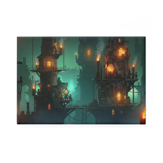 Floating City at Dusk Button Magnet, Rectangle (1 & 10 pcs) – Amber Lights in Emerald Mist