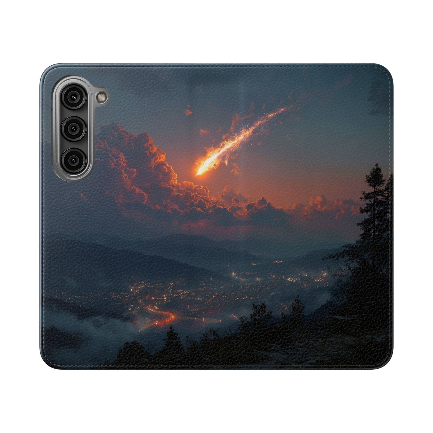 Meteor Over Valley Flip Cases – Crimson Sky Sentinel Cover