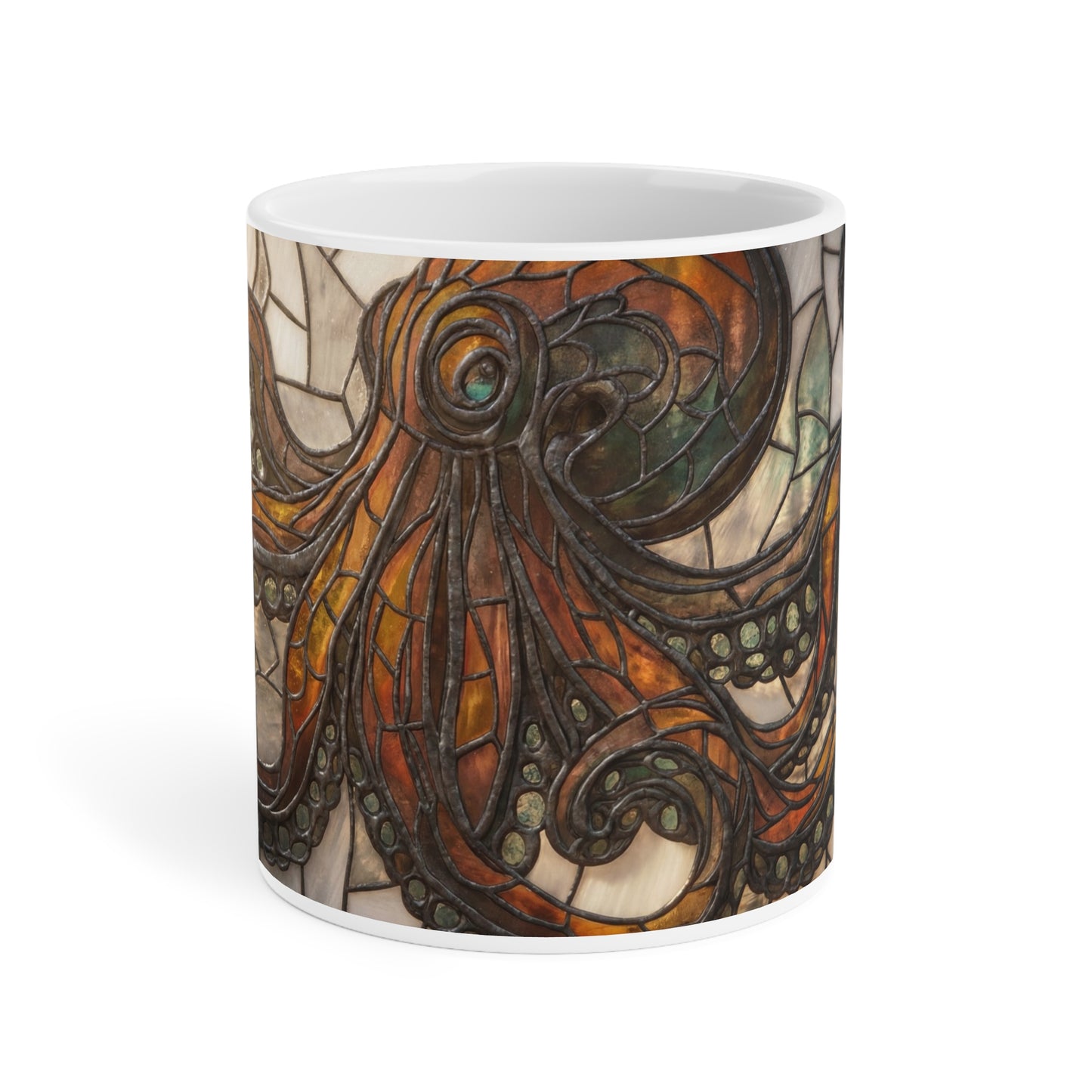 Art Nouveau Octopus Stained Glass Mug – Warm Amber Whirls on Deep Frame