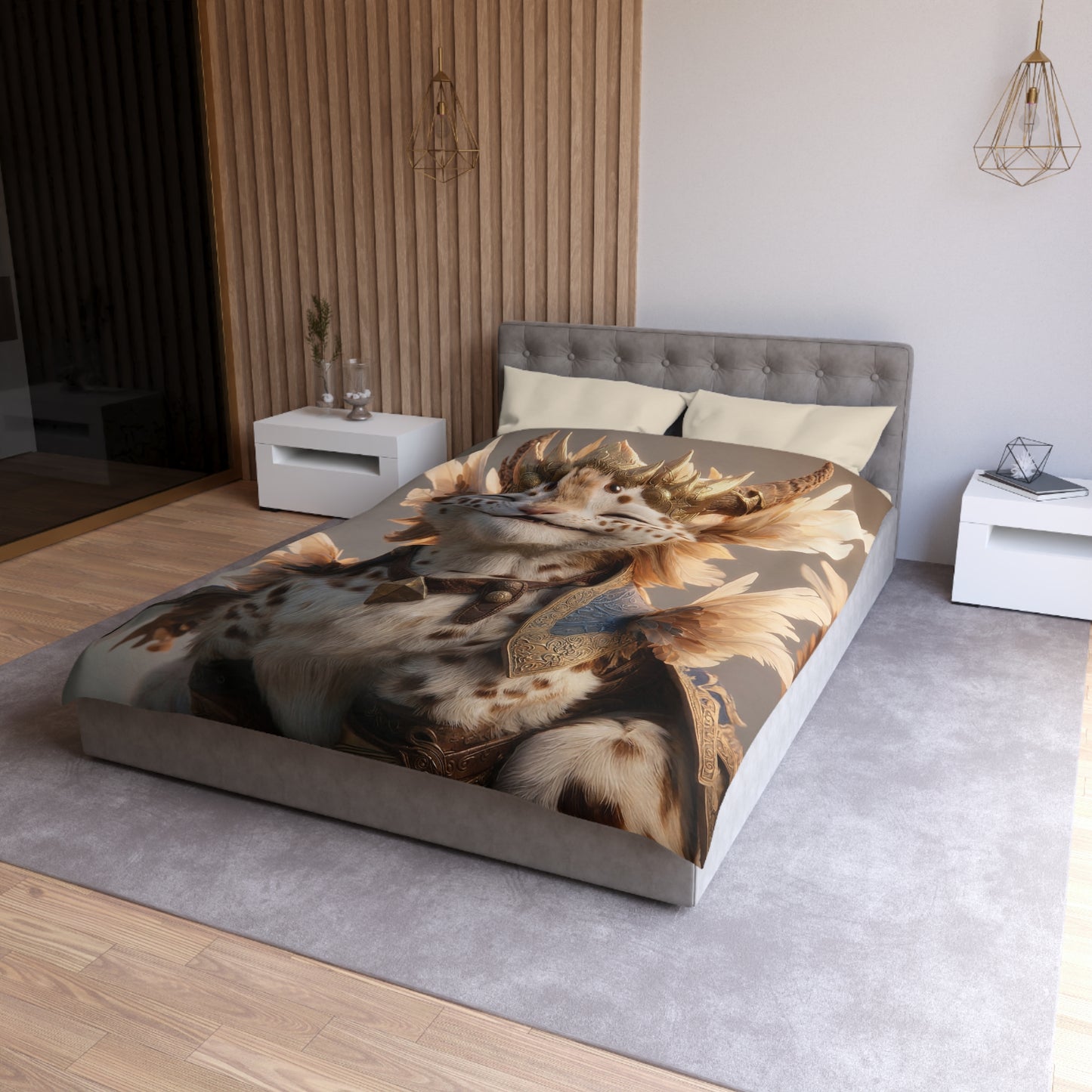 Winged Feline Sovereign Microfiber Duvet Cover – Crowned in Golden Light