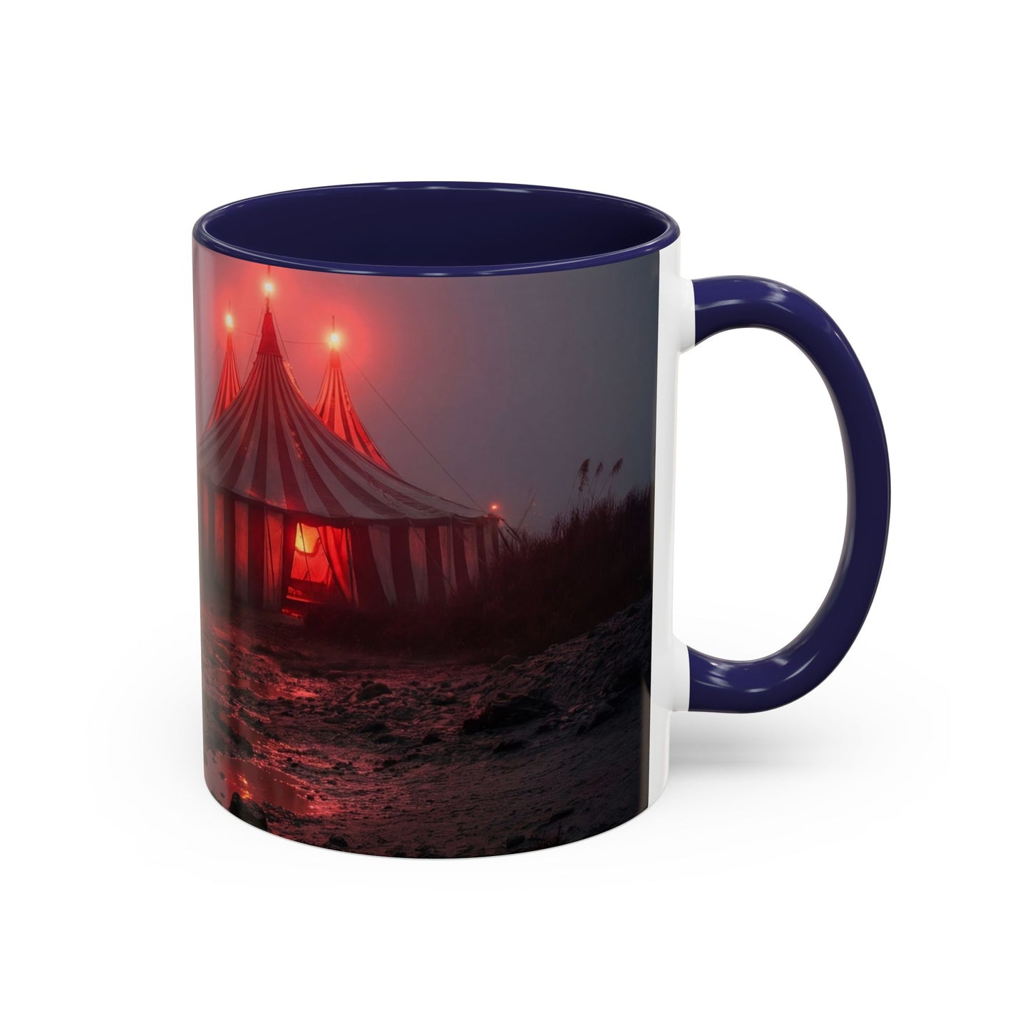 Crimson Circus Tent Accent Coffee Mug (11, 15oz) – Fog-Drenched Midnight Wonder