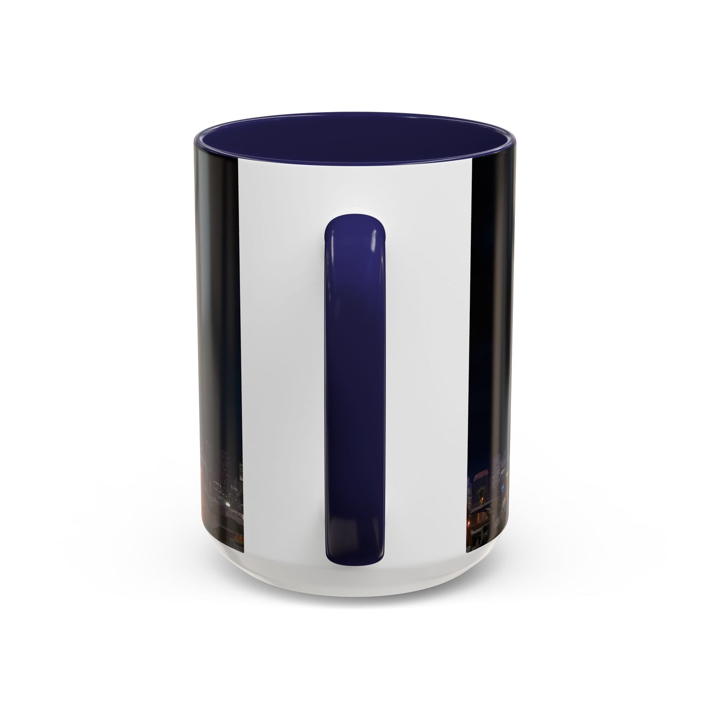 Crimson Circus Tent Accent Coffee Mug (11, 15oz) – Neon Nightscape Under Thunderclouds