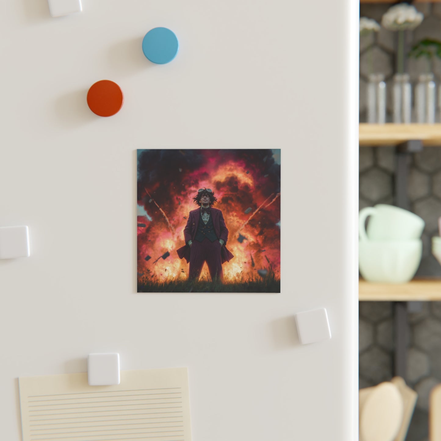 Mad Scientist Amidst Crimson Explosion Magnet – Unflinching Calm in Chaos