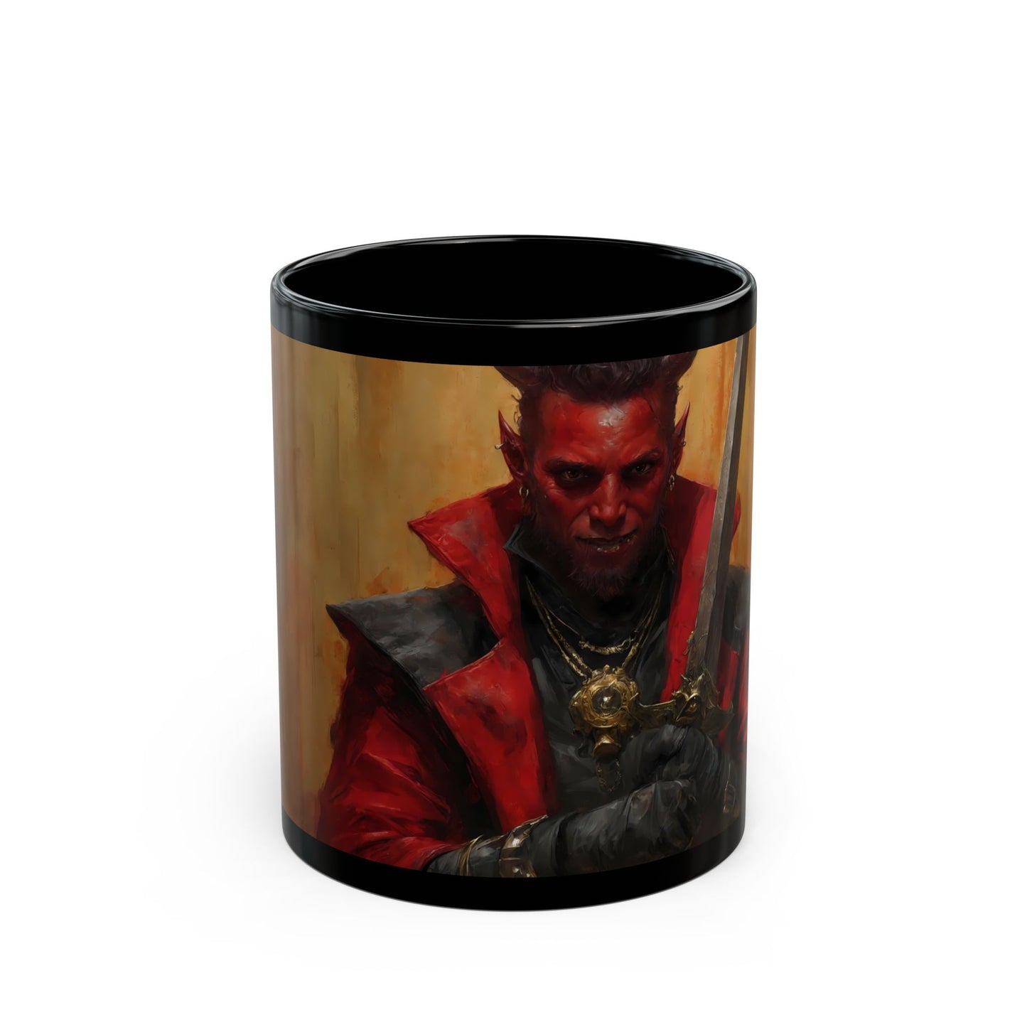 Crimson Demon Warrior Black Mug – Regal Blade and Fiery Resolve