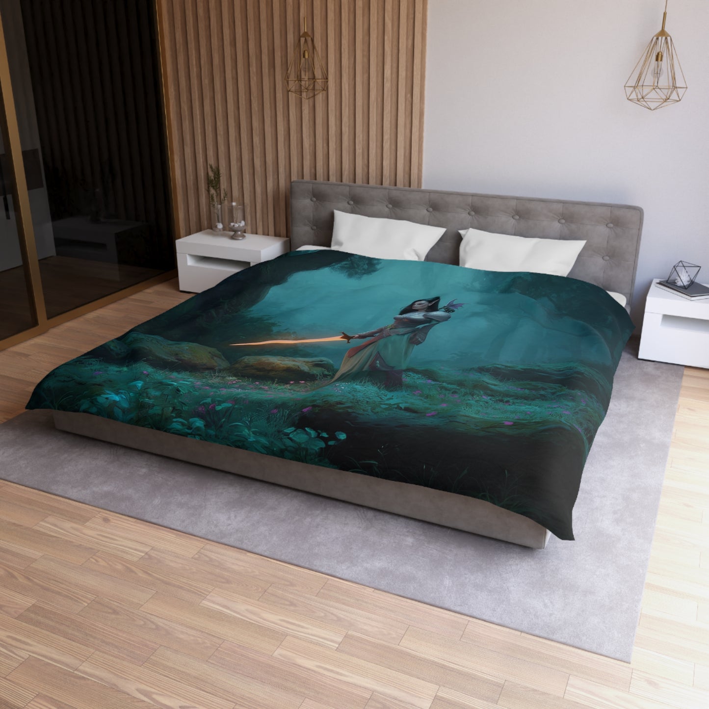 Elven Sentinel Forest Guardian Microfiber Duvet Cover – Glowing Blade and Mossy Grove