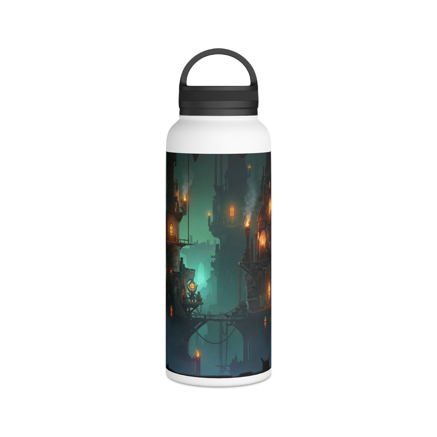 Aerial City of Lanterns Stainless Steel Water Bottle, Handle Lid – Glow in the Misty Canopy