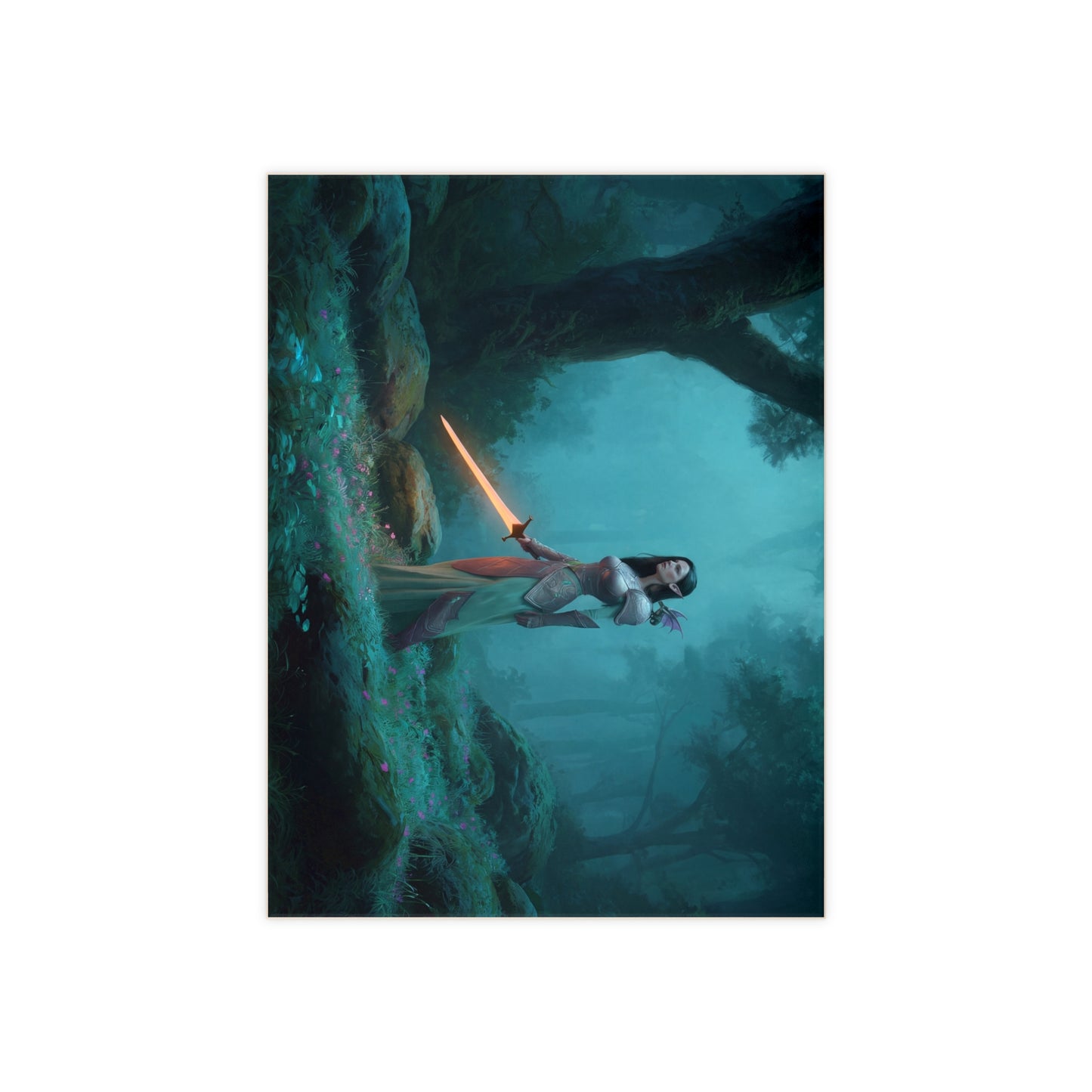 Elven Warrior with Glowing Sword Ceramic Photo Tile – Twilight Guardian of the Misty Grove