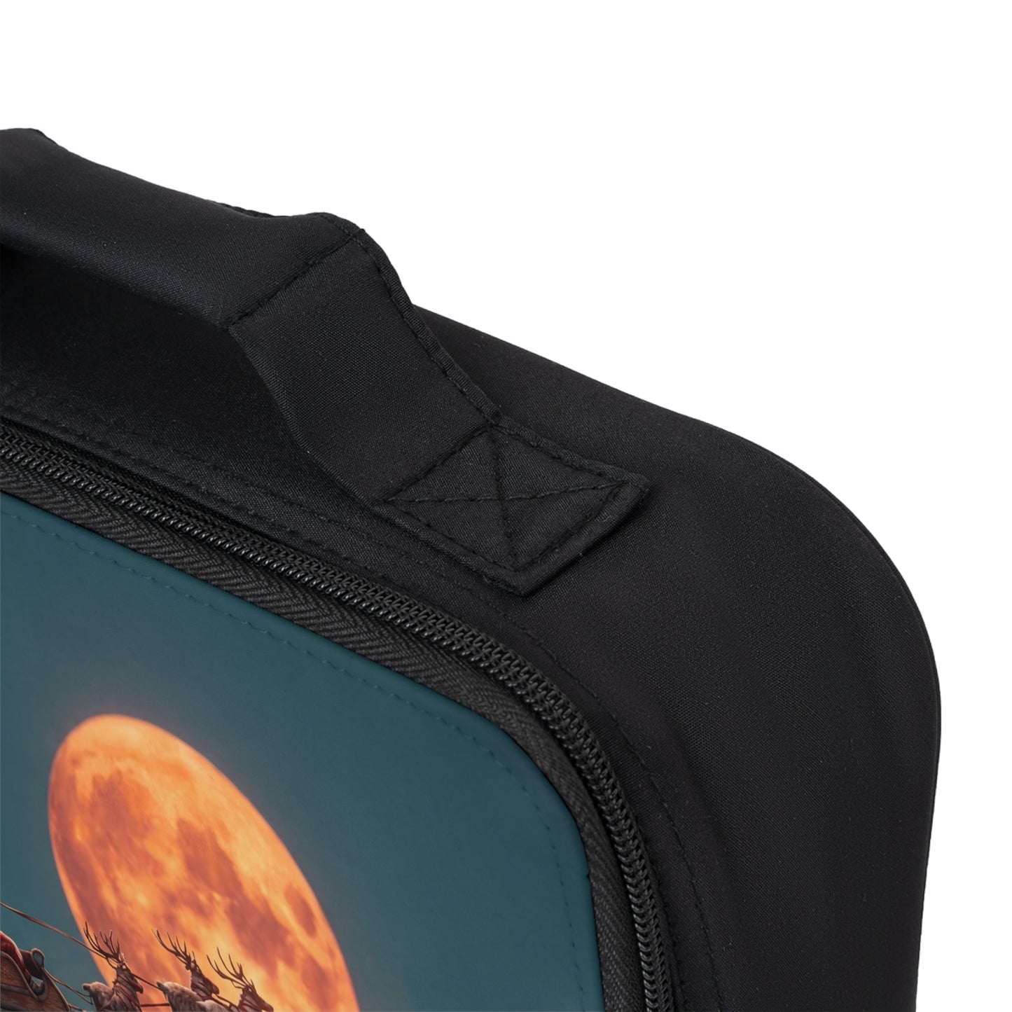 Santa’s Moonlit Sleigh Ride Lunch Bag – Crimson Reindeer Against Amber Sky