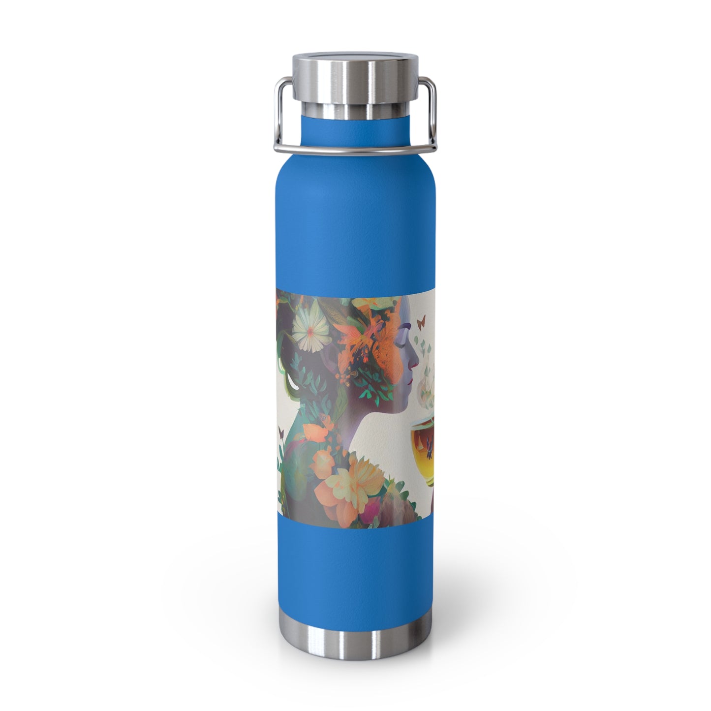 character design, double exposure shot, front profile of a beautiful tea faerie filled with a blooming amazonian jungle, happiness - Copper Vacuum Insulated Bottle, 22oz