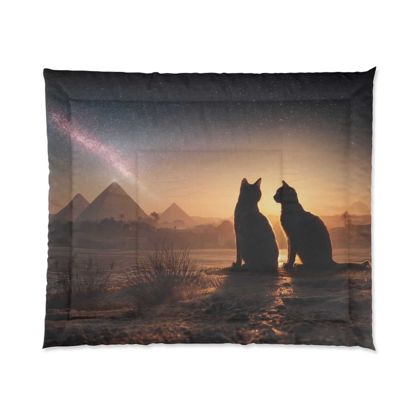 Riverbank Sentinel Comforter – Two Cats Watching Ancient Pyramids