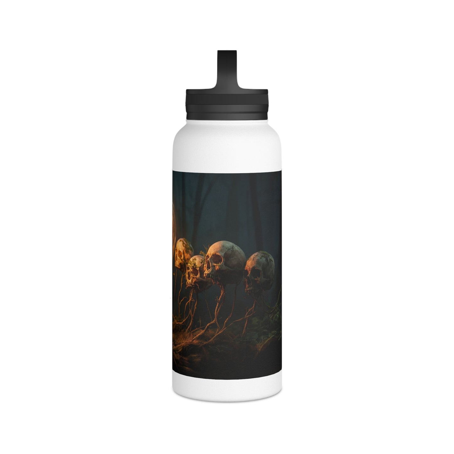 Glowing Lightbulb in Haunted Forest Stainless Steel Water Bottle, Handle Lid – Illuminated Wisdom Amidst the Roots