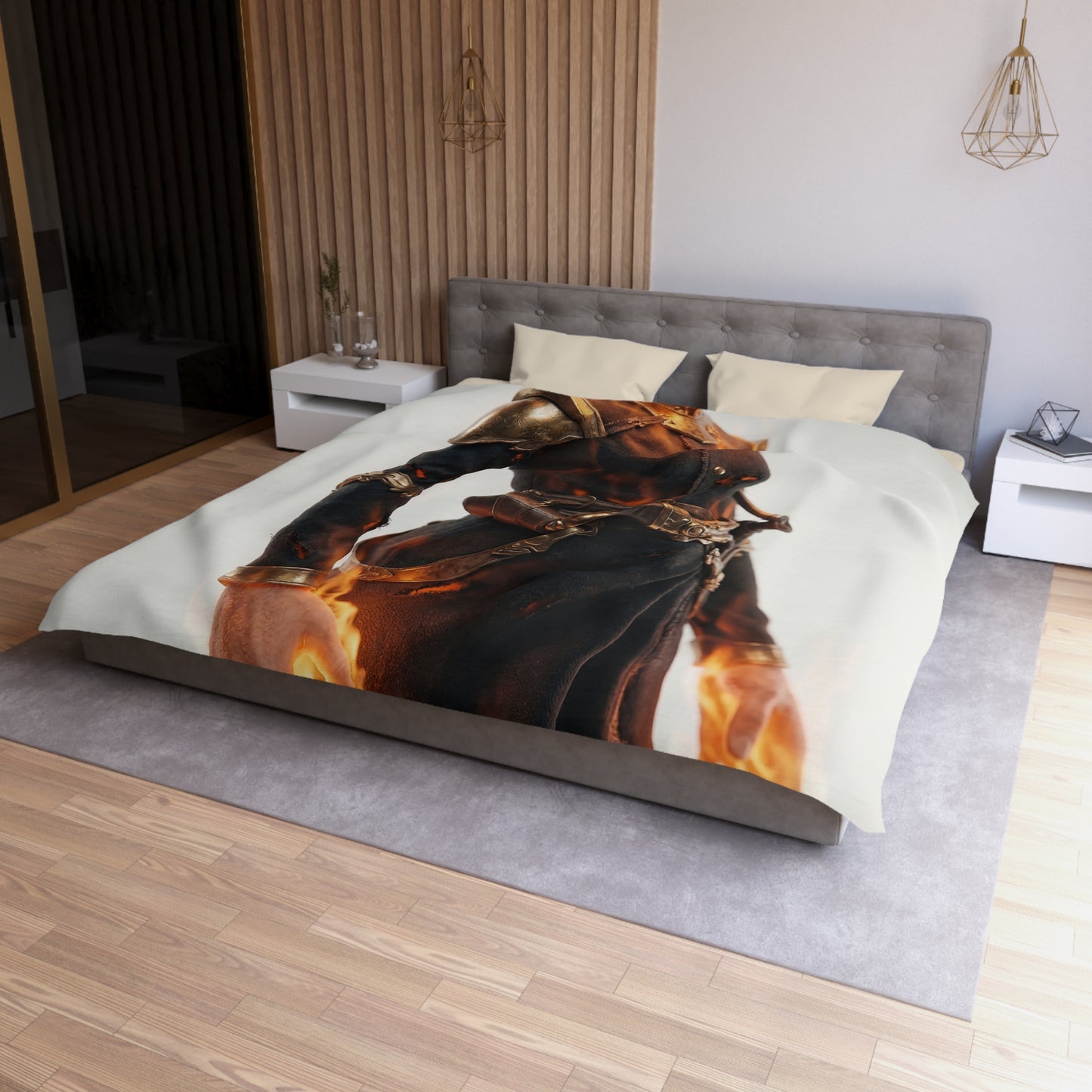 Flame-Wreathed Sentinel Microfiber Duvet Cover – Ashes and Ember Reverie