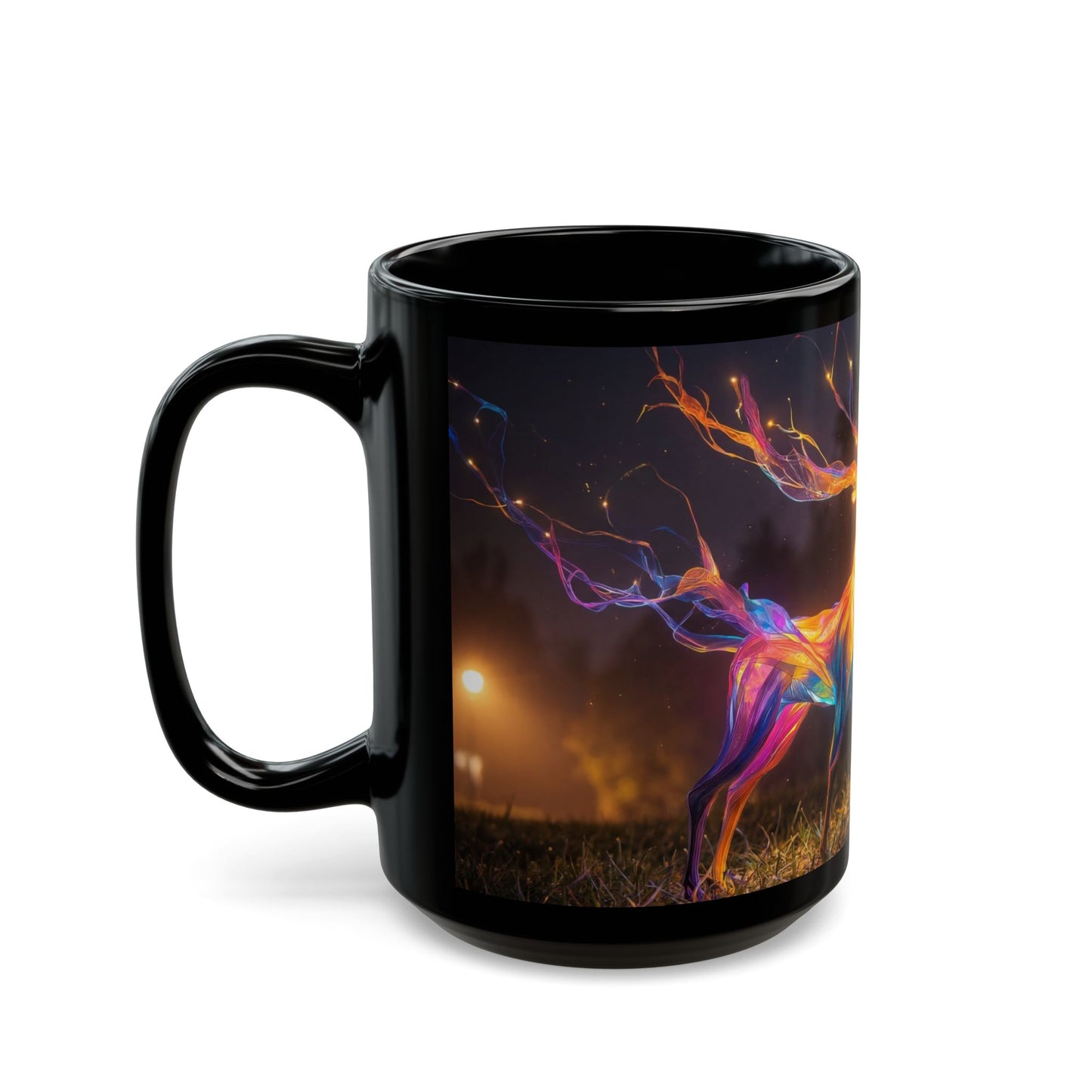 Chromatic Stag Black Mug – Night Meadow Luminescence