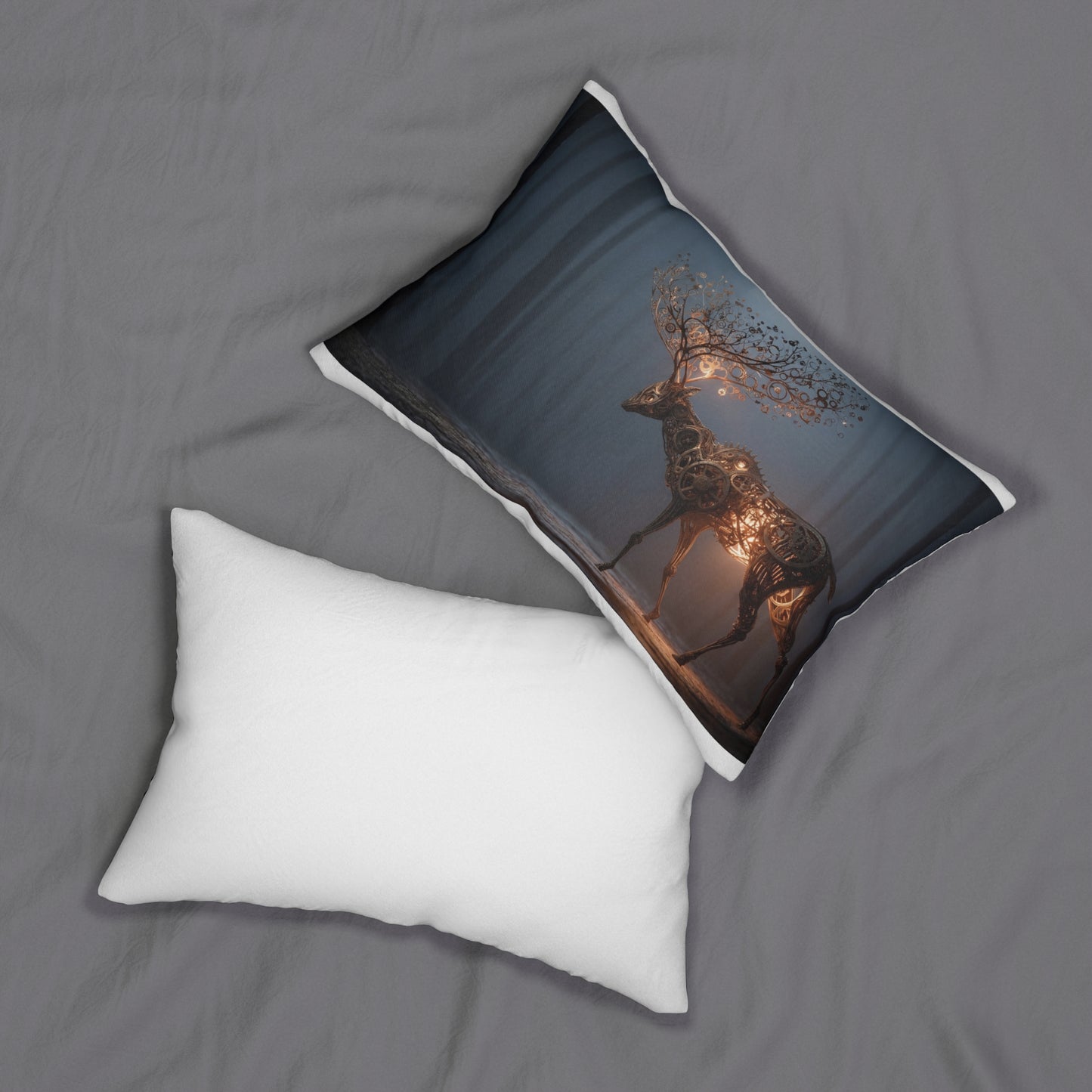 Clockwork Stag Spun Polyester Lumbar Pillow – Whispers of Steam-Powered Twilight