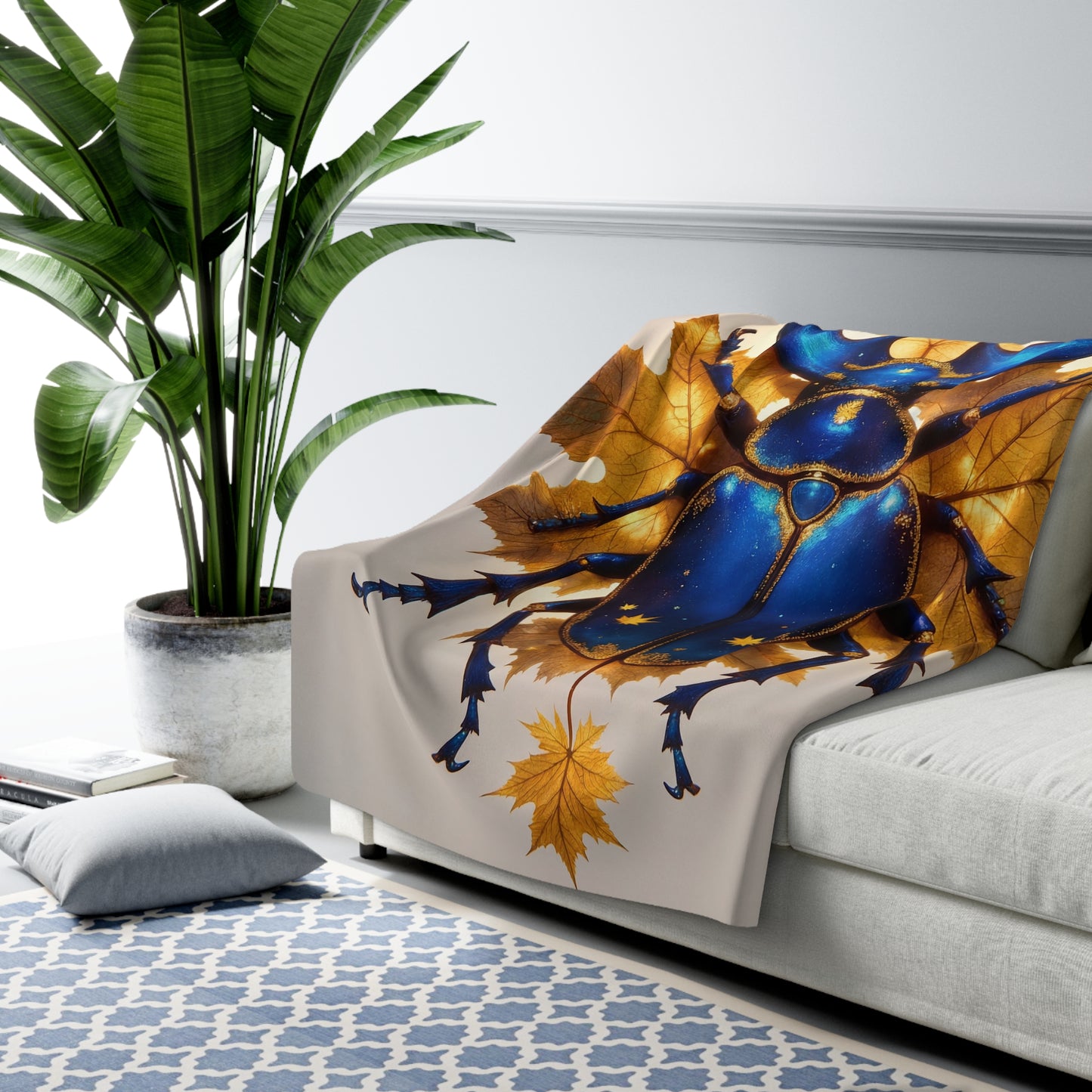 Celestial Beetle Sherpa Fleece Blanket – Starlit Blue Guardian Among Maple Leaves