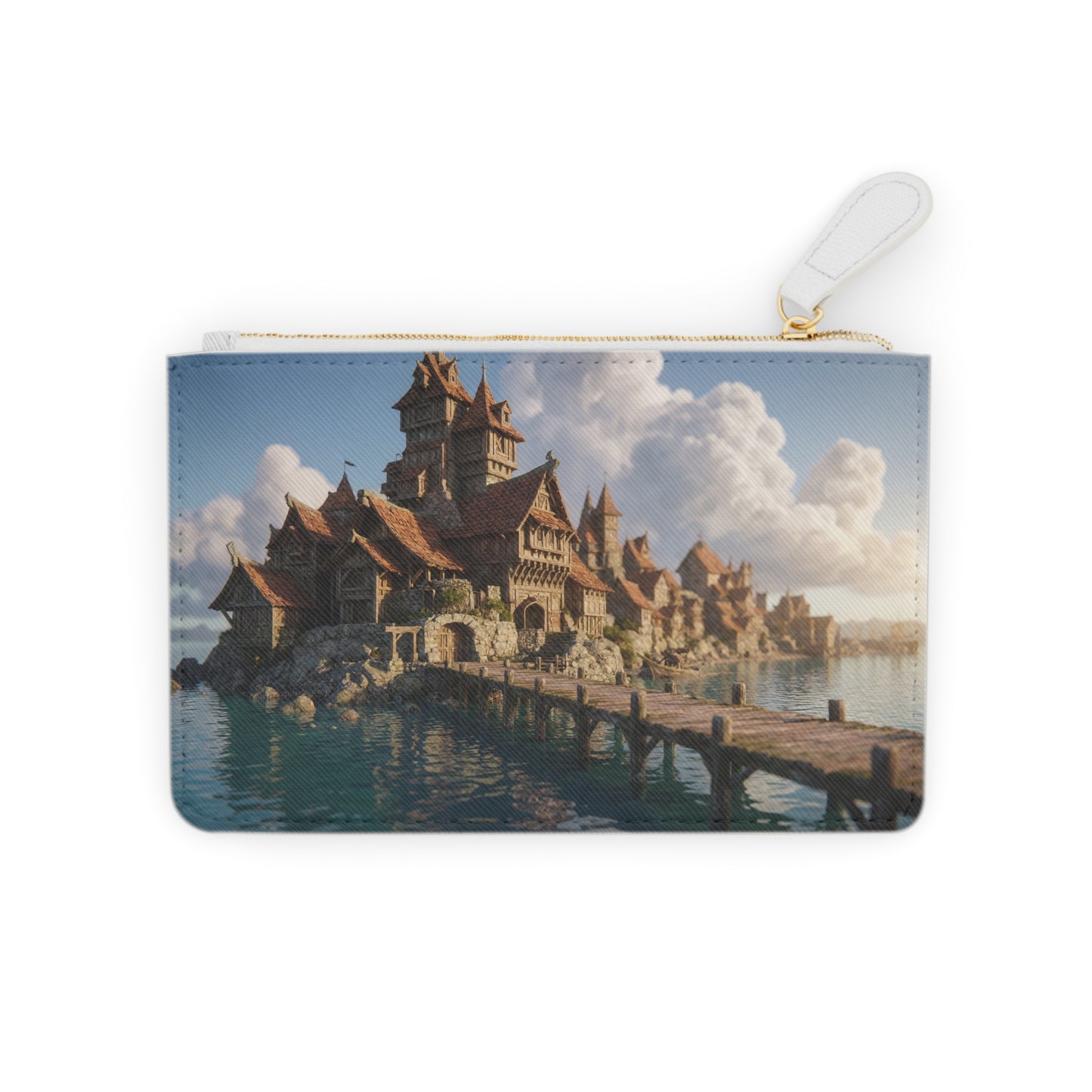Harbor’s Whisper Mini Clutch Bag – Sunlit Coastal Village Dreamscape