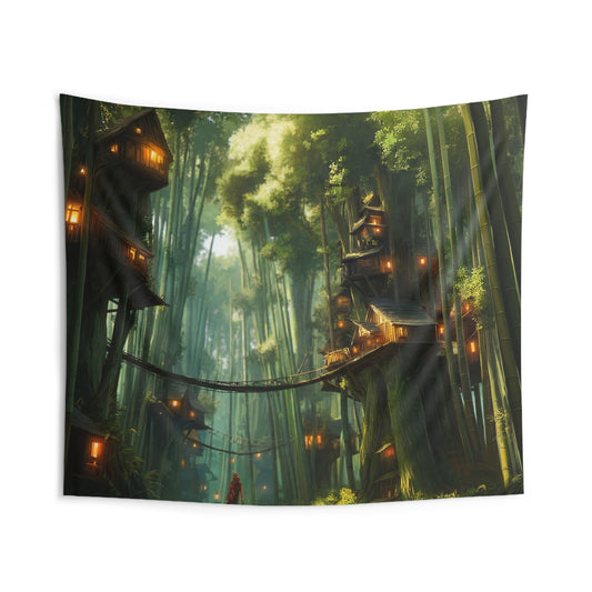Bamboo Canopy Treehouse Tapestries – Sunlit Forest Sanctuary