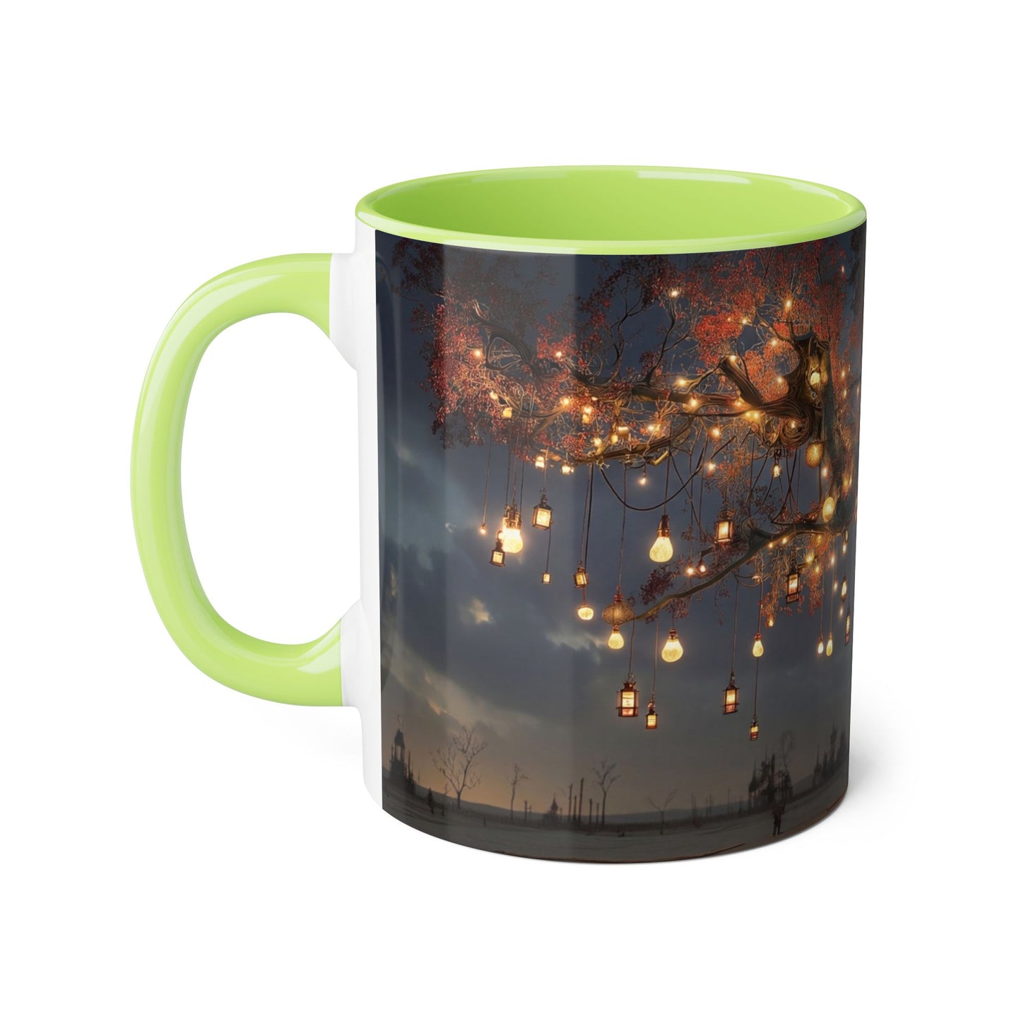 Lantern-Heavy Tree Accent Mugs, 11oz – Amber Glow Over Blue-Glowing Roots