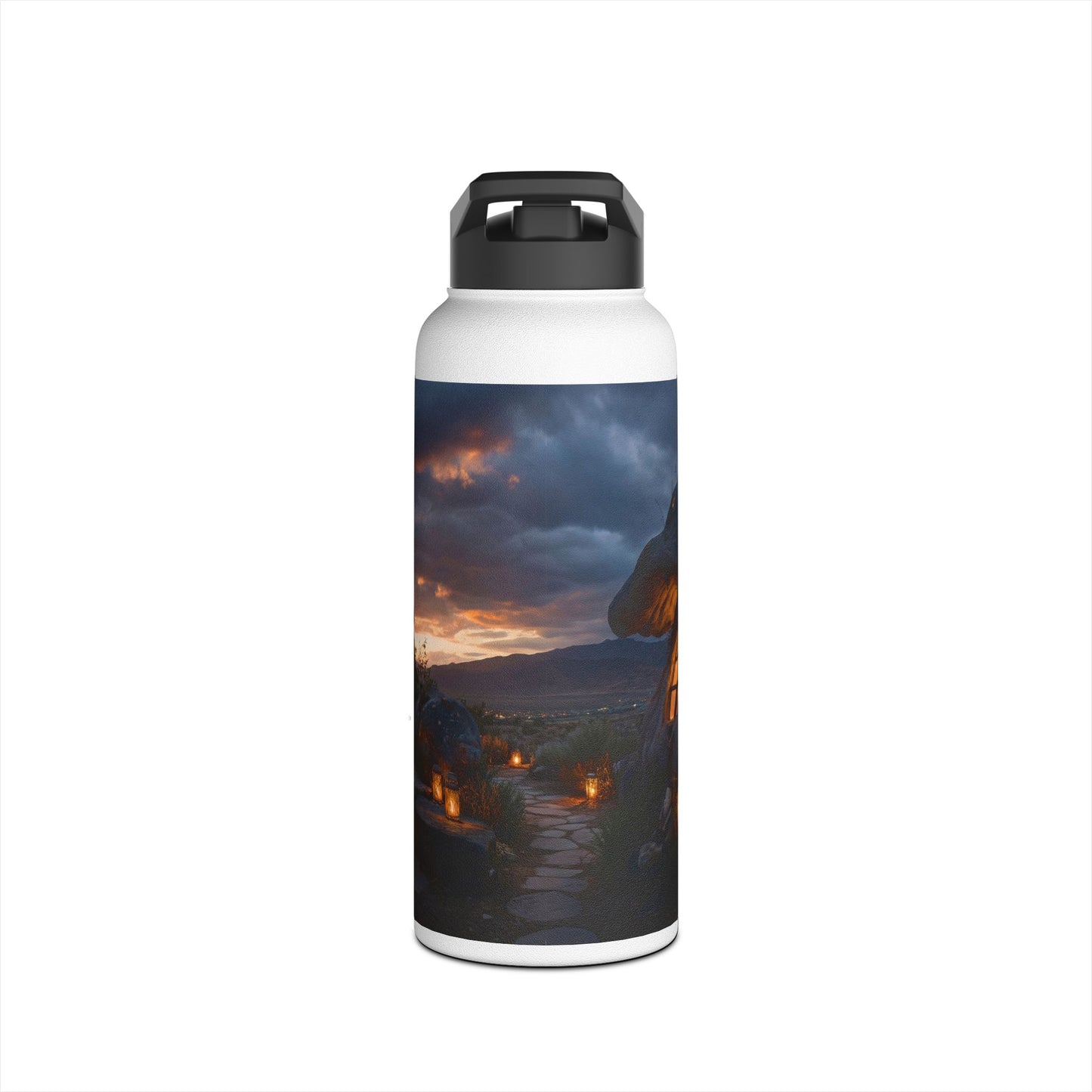 Mushroom Cottage Sunset Water Bottle – Warm Glow Haven Standard Lid