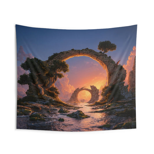 Stone Archway Sunset Tapestry – Gateway to a Whispering Valley