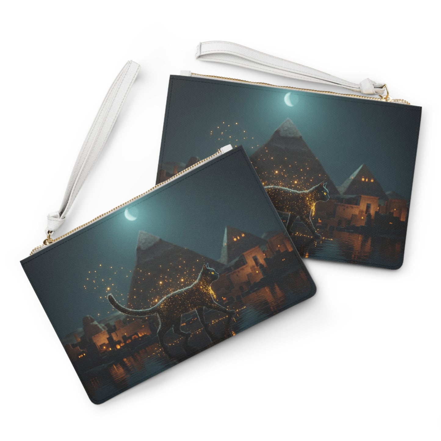 Celestial Cat Clutch Bag – Moonlit Pyramids & Whispering Sparks