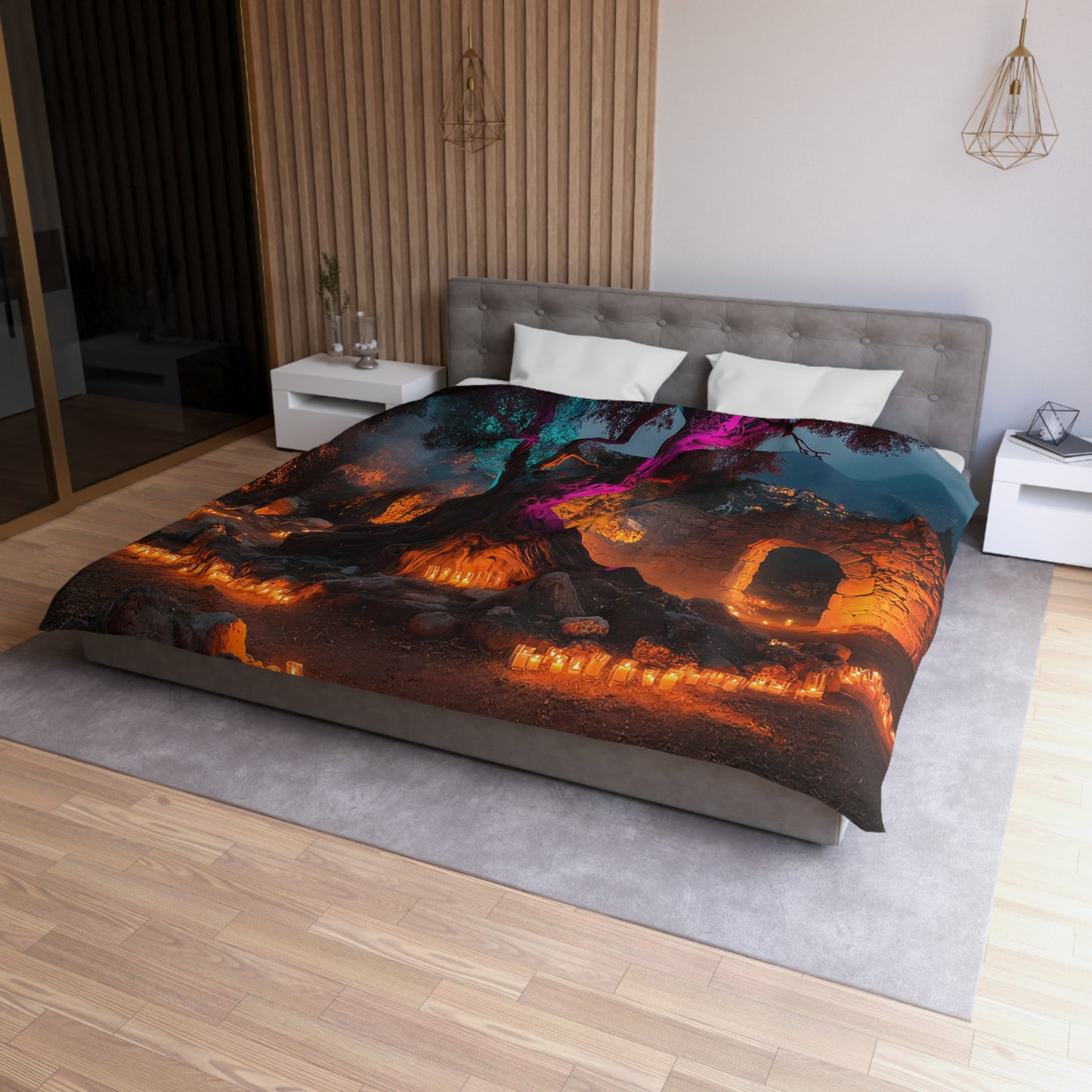 Luminescent Ancient Tree Microfiber Duvet Cover – Twilight Sanctuary Dreamscape