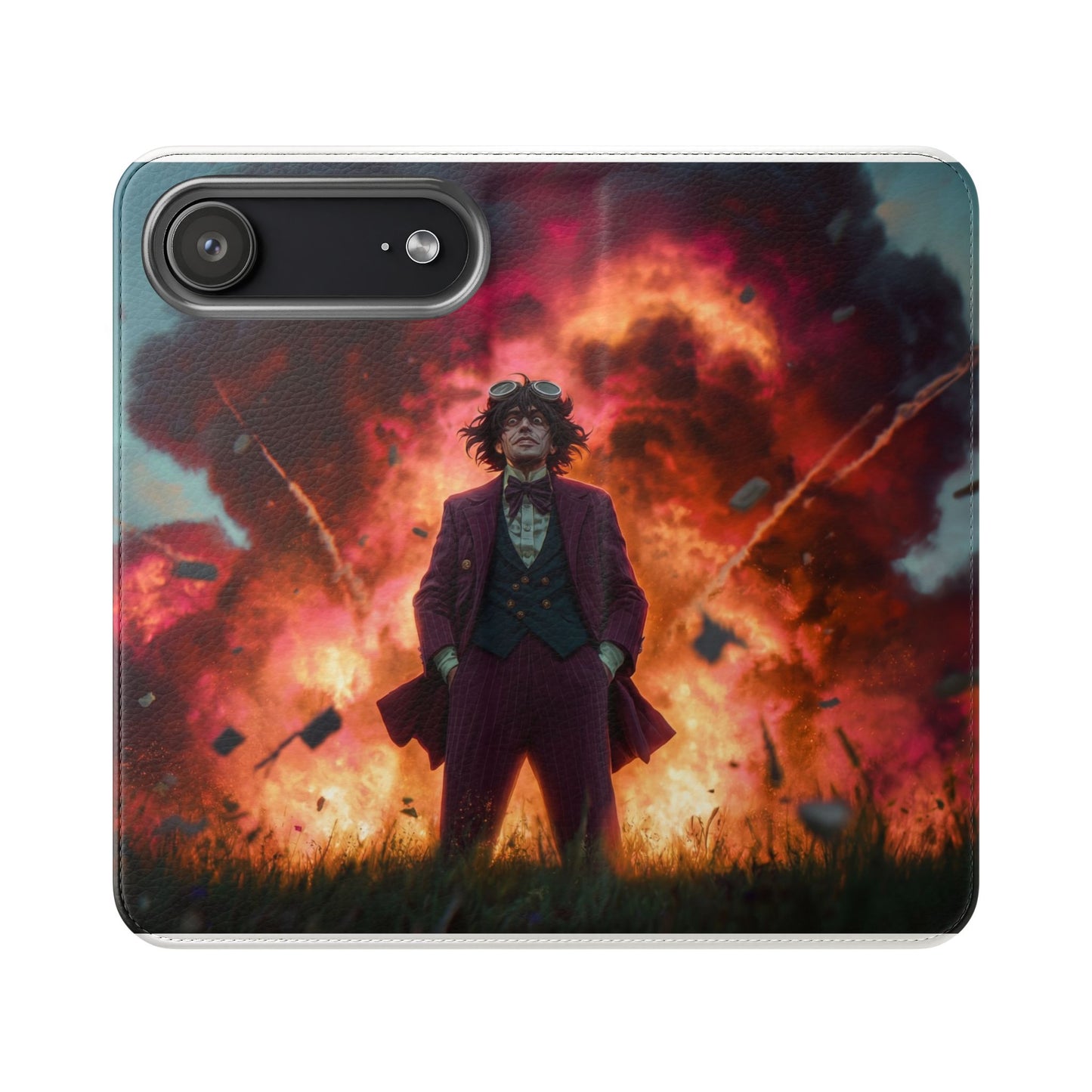 Goggles & Chaos Flip Cases – Purple Suit Amidst Fiery Explosion