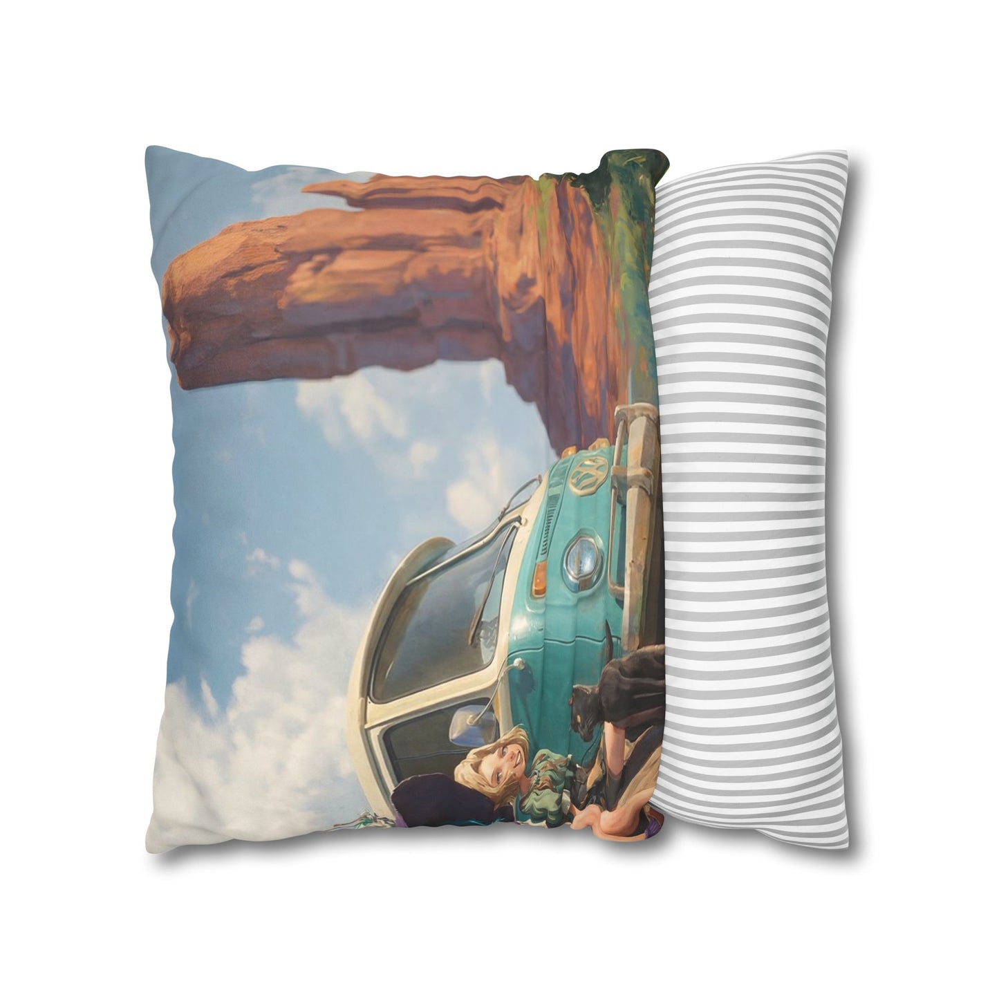 Wagon Ride Faux Suede Square Pillowcase – Desert Camper Adventure Scene